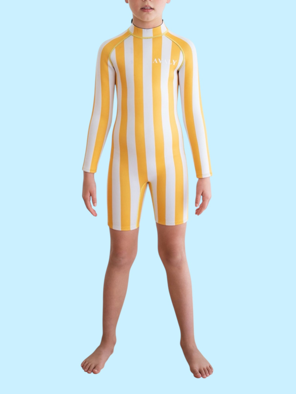 Child model wearing Yellow Stripe Kids Wetsuit with vertical yellow and white stripes and high neckline