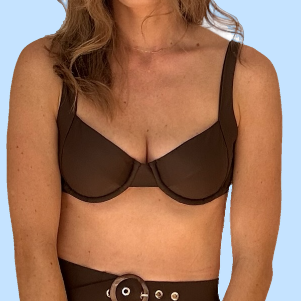 Woman modeling brown Chocolate Balconette bikini top with underwire cups and adjustable straps