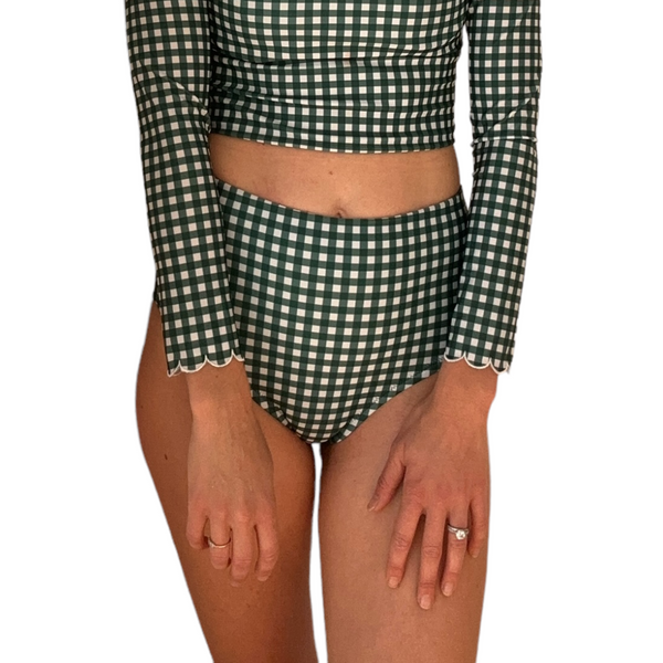 Green Gingham Midi Rash Top with white scalloped edges on child model, showing cropped fit and matching high-waisted bottoms
