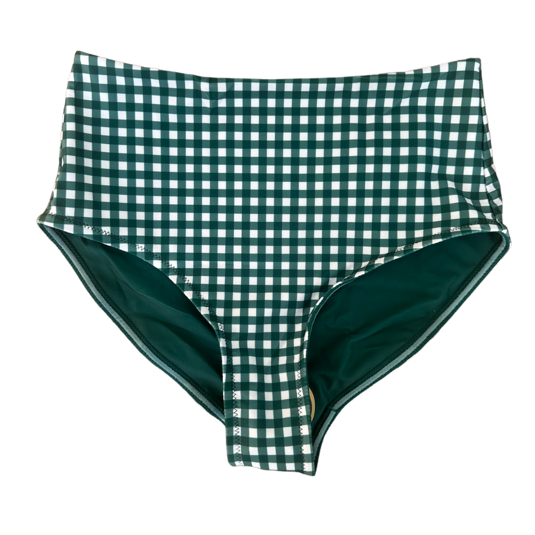 Flat lay of High Waist Green Gingham Swim Bottoms showing checkered pattern and high waisted design