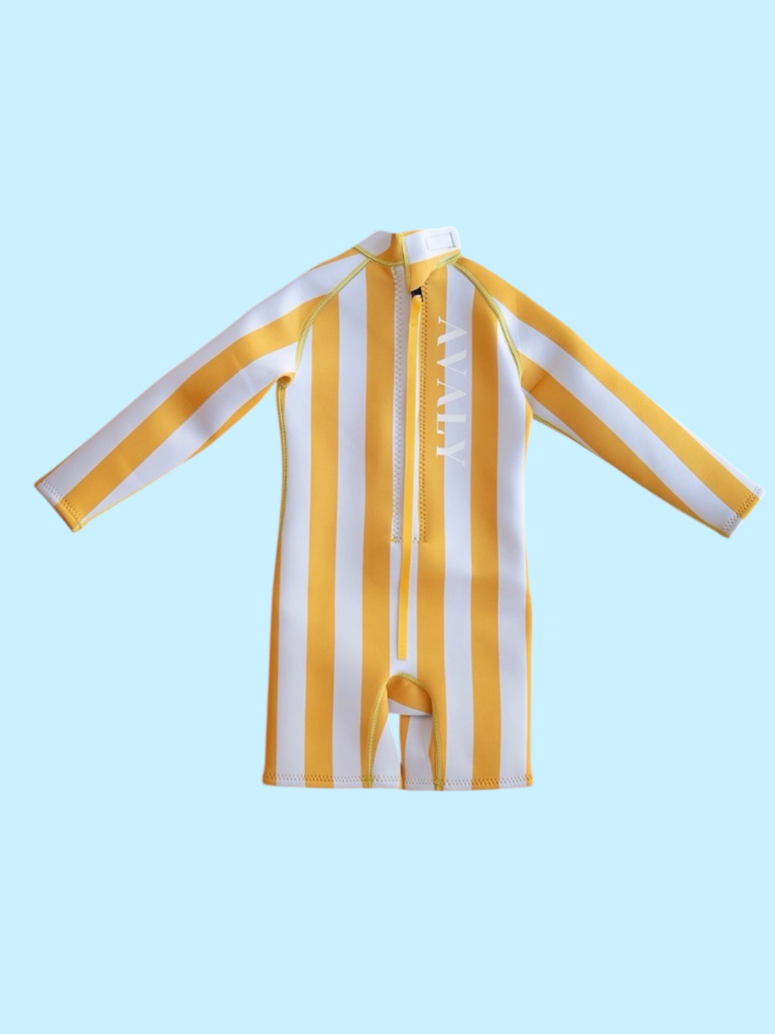 Flat lay of Yellow Stripe Kids Wetsuit with vertical orange and white stripes and front zip closure