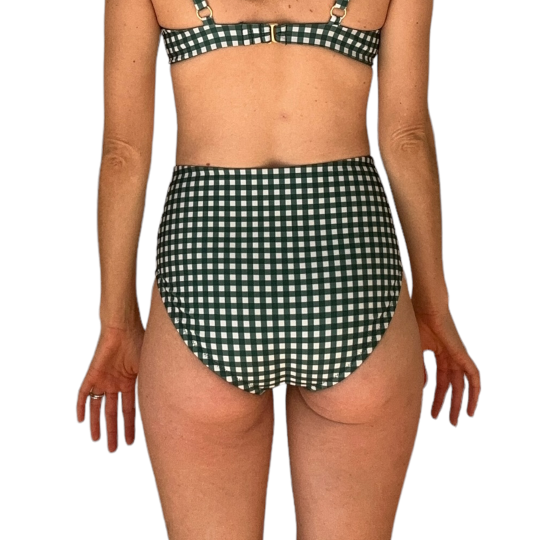 Back view of High Waist Green Gingham Swim Bottoms showing checkered pattern and high waisted coverage on model