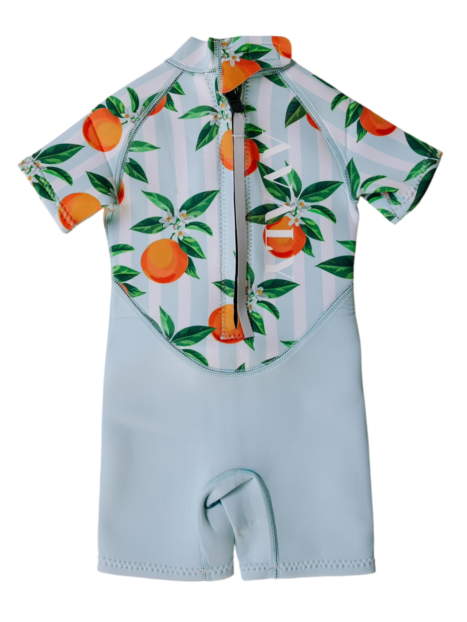 Flat lay of Blue Mandarins NOOSA Kids Short Sleeve Wetsuit showing orange citrus print on striped background