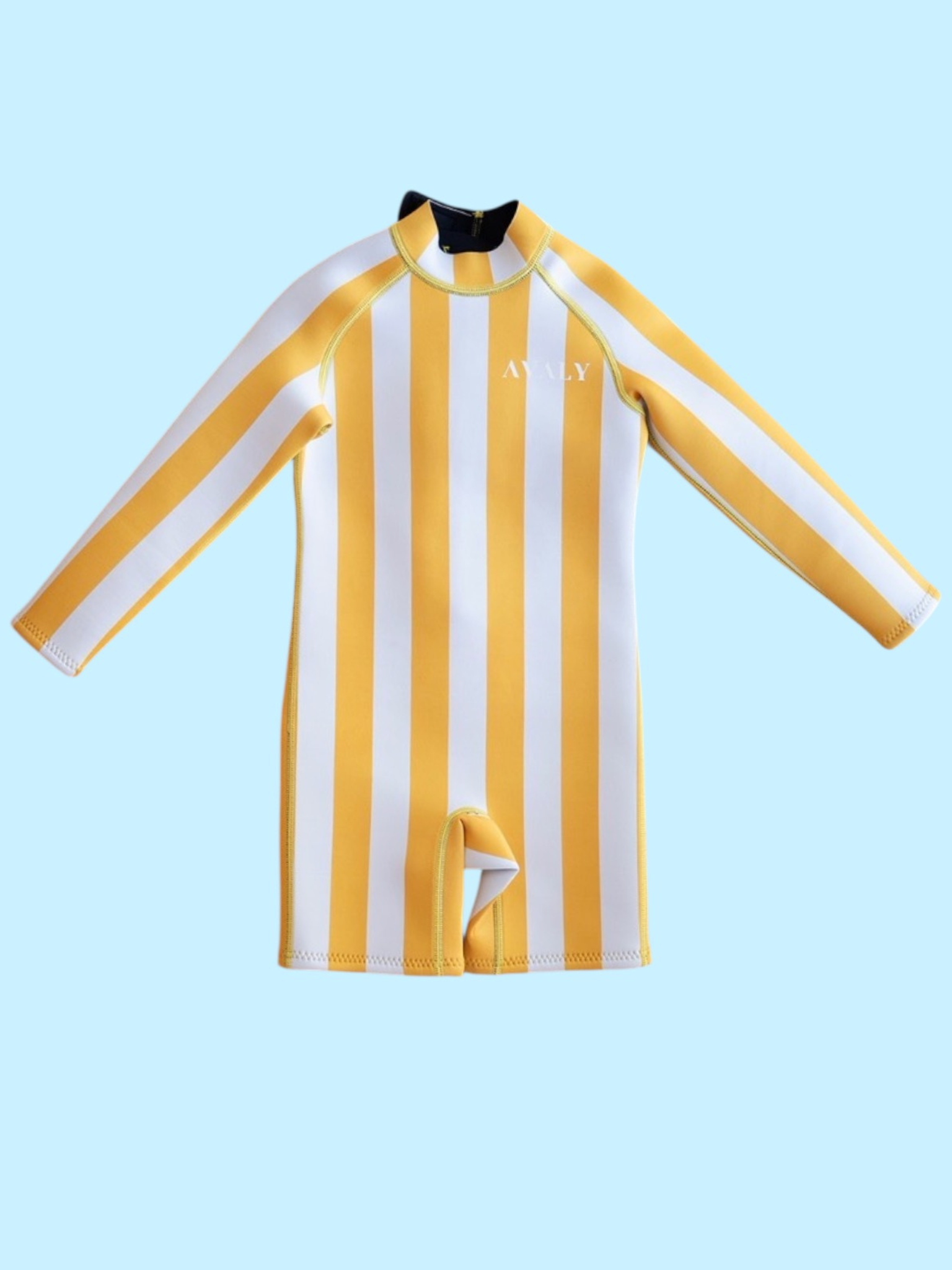 Flat lay of Yellow Stripe Kids Wetsuit showing vertical yellow and white stripes with long sleeves and back zip