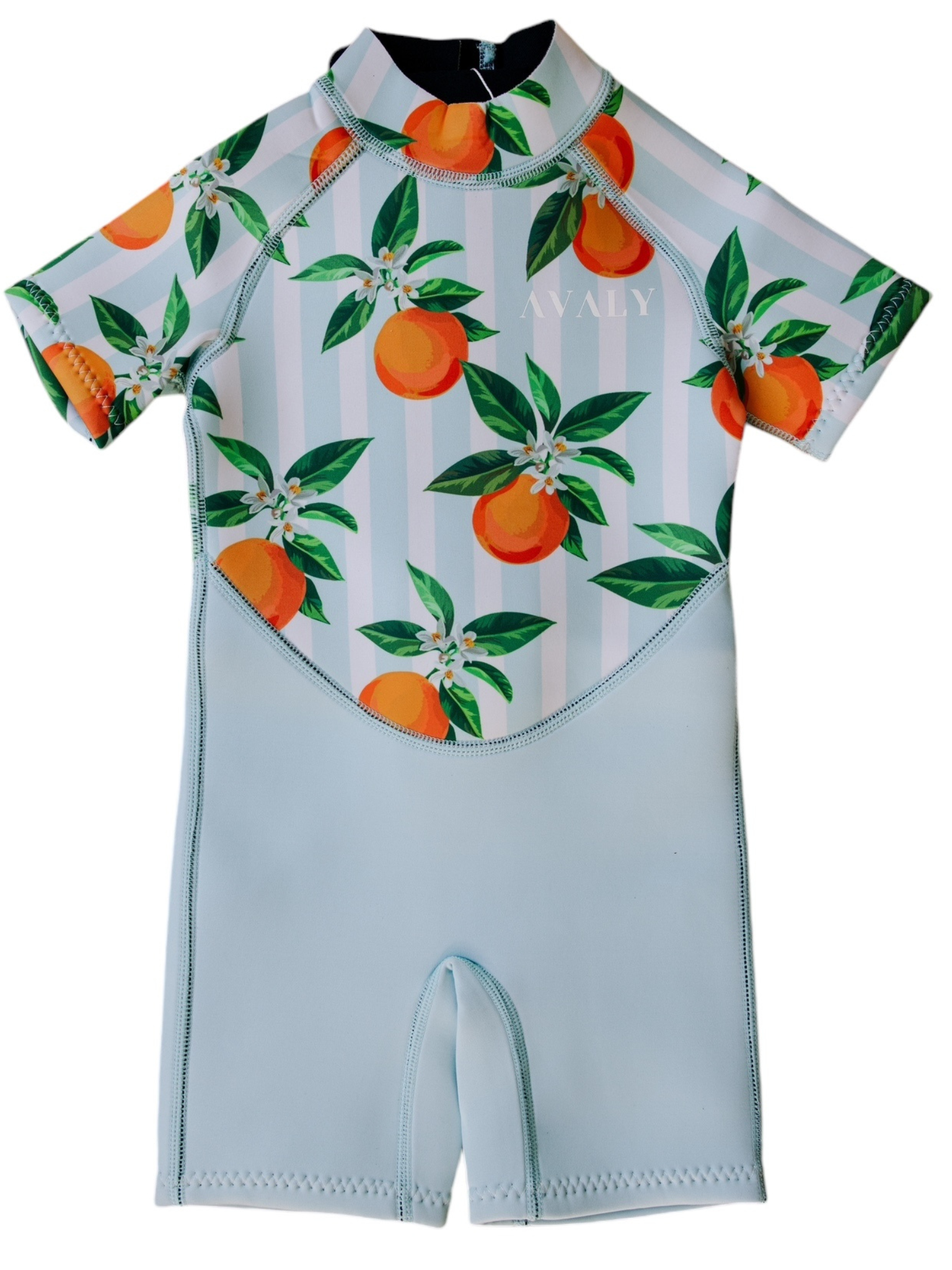 Front view flat lay of Blue Mandarins NOOSA kids wetsuit showing orange citrus print on striped background with short sleeves