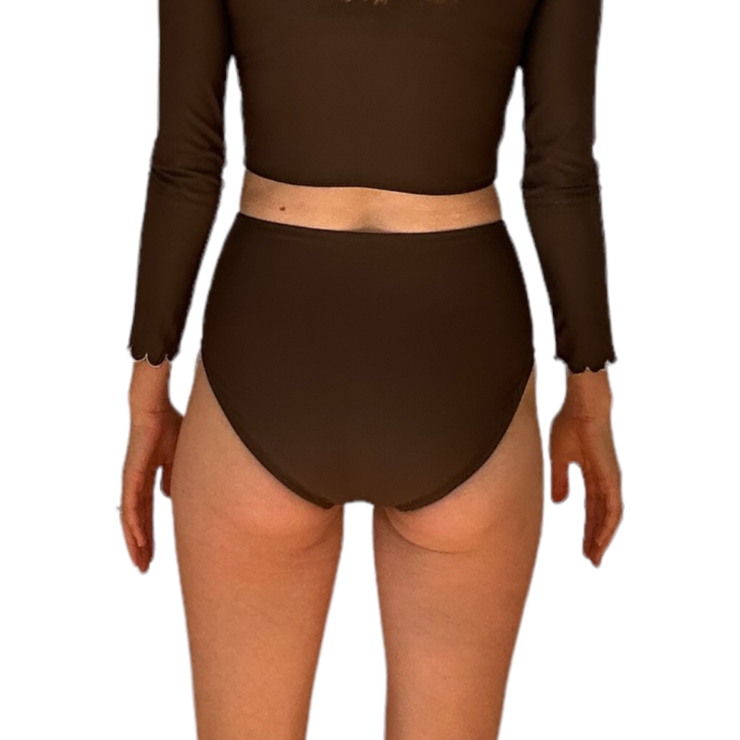 Back view of High Waist Chocolate Swim Bottoms in brown showing high waisted fit and coverage on model