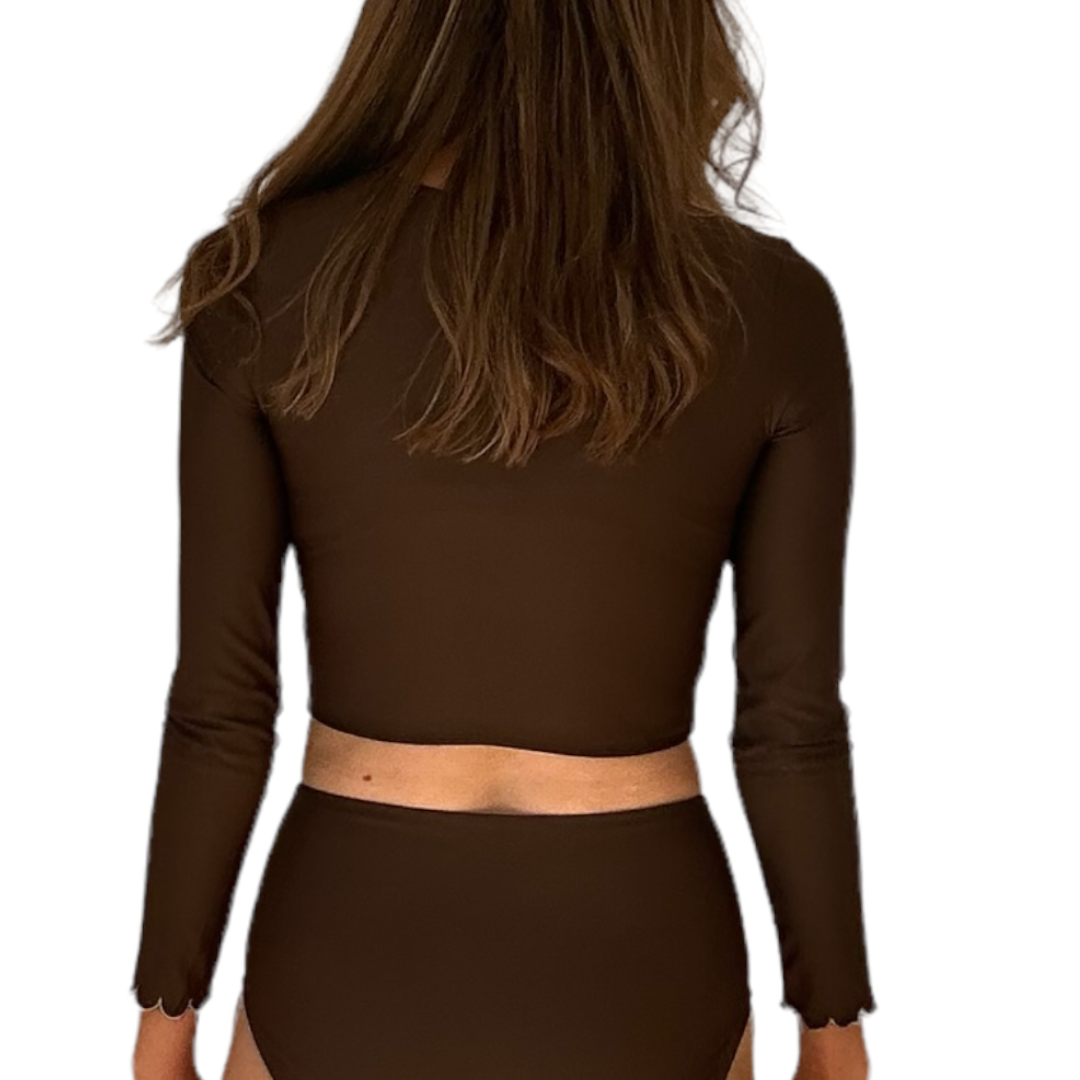 Back view of model wearing High Waist Chocolate Swim Bottoms showing brown ribbed texture and high waisted fit