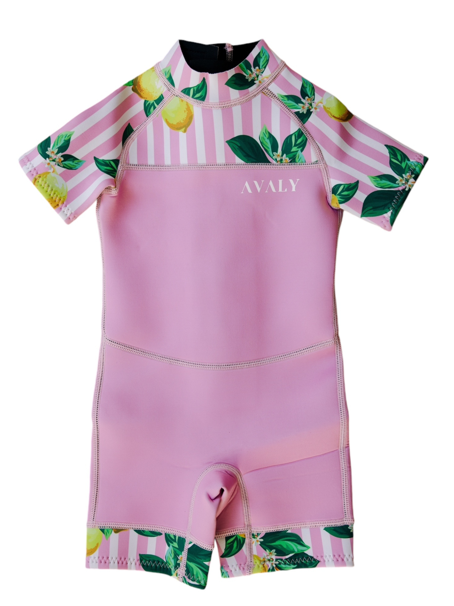 Flat lay of Pink Lemon Stripe Kids Wetsuit with striped sleeves, lemon print, and solid pink body displaying full design