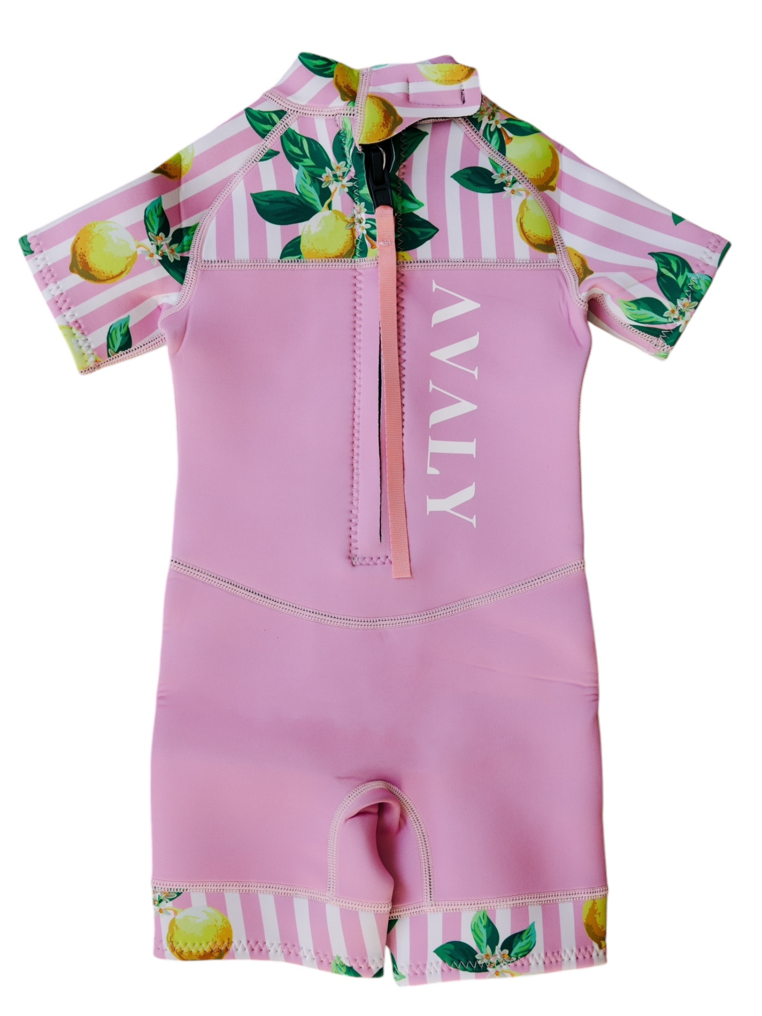 Flat lay of Pink Lemon Stripe Kids Wetsuit showing pink and white striped sleeves with lemon print and solid pink body