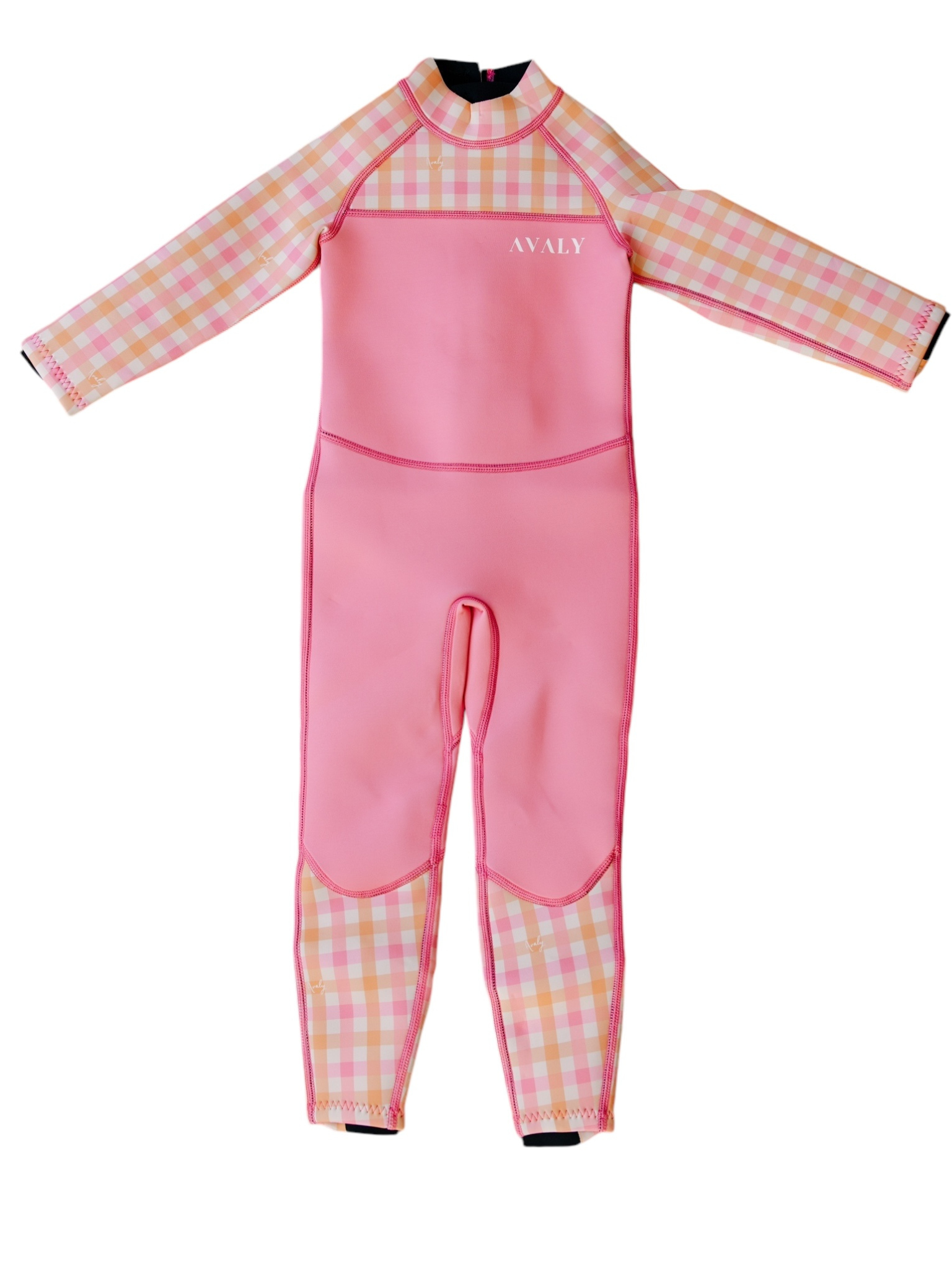 Flat lay of Pink & Orange Gingham sustainable kids wetsuit showing checkered sleeves and pink body with AVALY branding