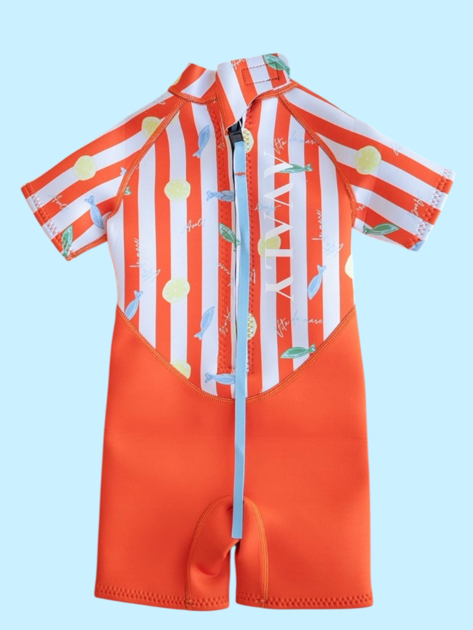 Flat lay of Amalfi Fish Kids Wetsuit showing red and white striped top with fruit print and solid orange bottom panel
