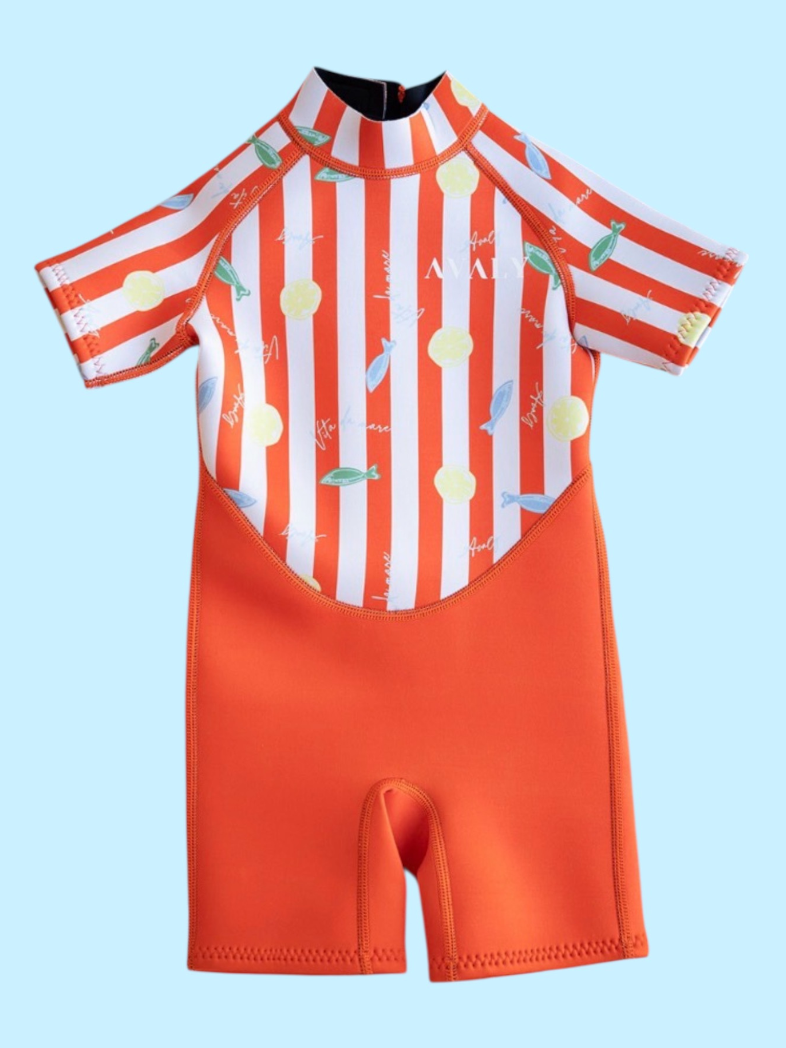 Flat lay of Amalfi Fish Kids Wetsuit showing orange and white striped top with fish print and solid orange shorts