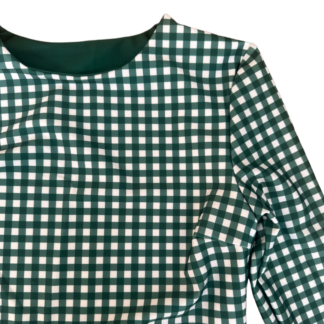Green Gingham Midi Rash Top flat lay showing checkered pattern detail and solid green neckline trim