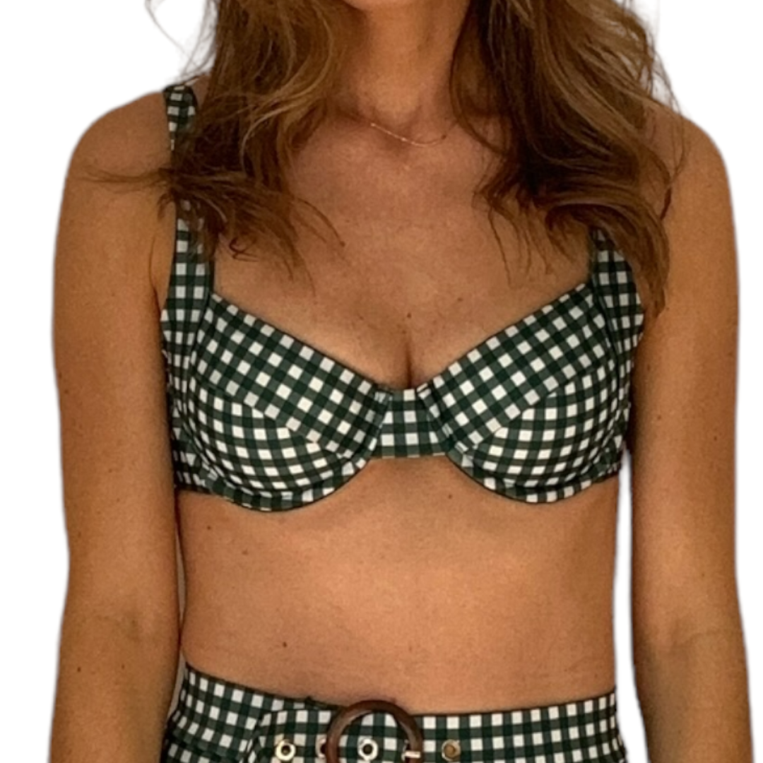 Woman wearing Green Gingham Balconette Top with white checkered pattern and matching high waisted bottoms