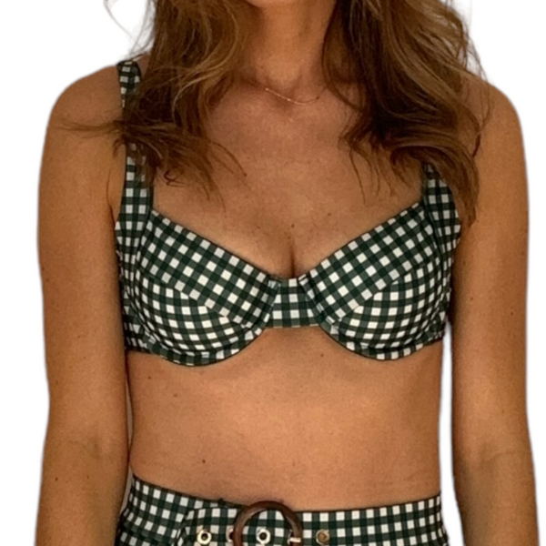 Woman wearing Green Gingham Balconette Top with white checkered pattern and matching high-waisted bottoms