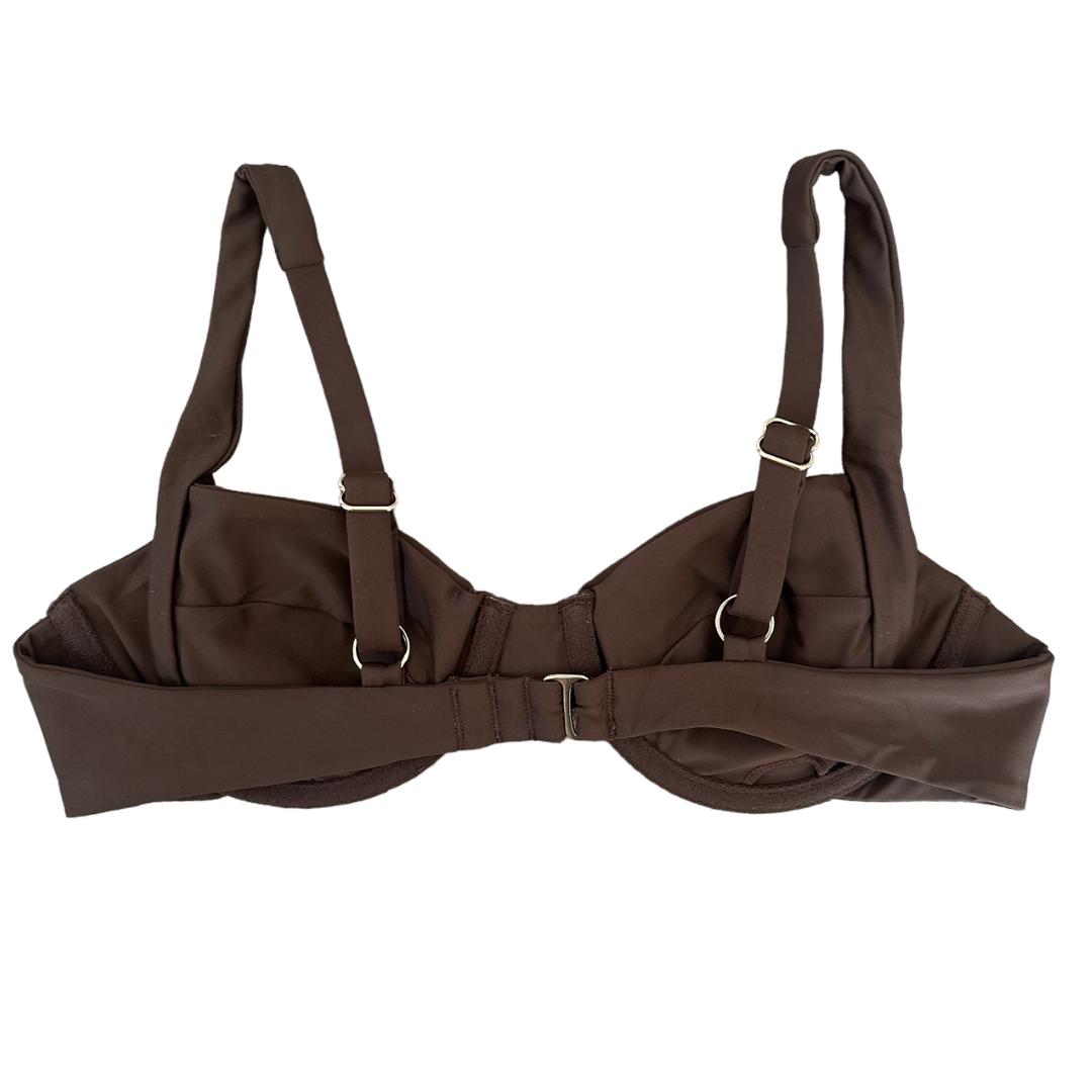 Flat lay of Chocolate Balconette Top showing brown underwire bikini top with adjustable straps and back clasp