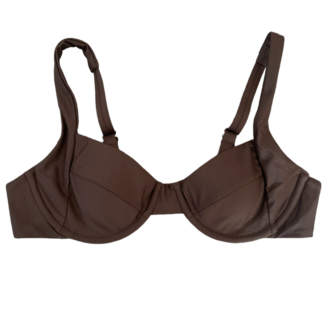 Flat lay of Chocolate Balconette Top in rich brown showing underwired cups and adjustable straps