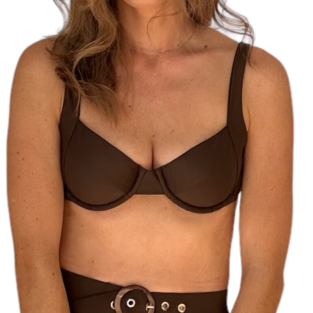 Woman modeling brown Chocolate Balconette bikini top with underwire cups and adjustable straps