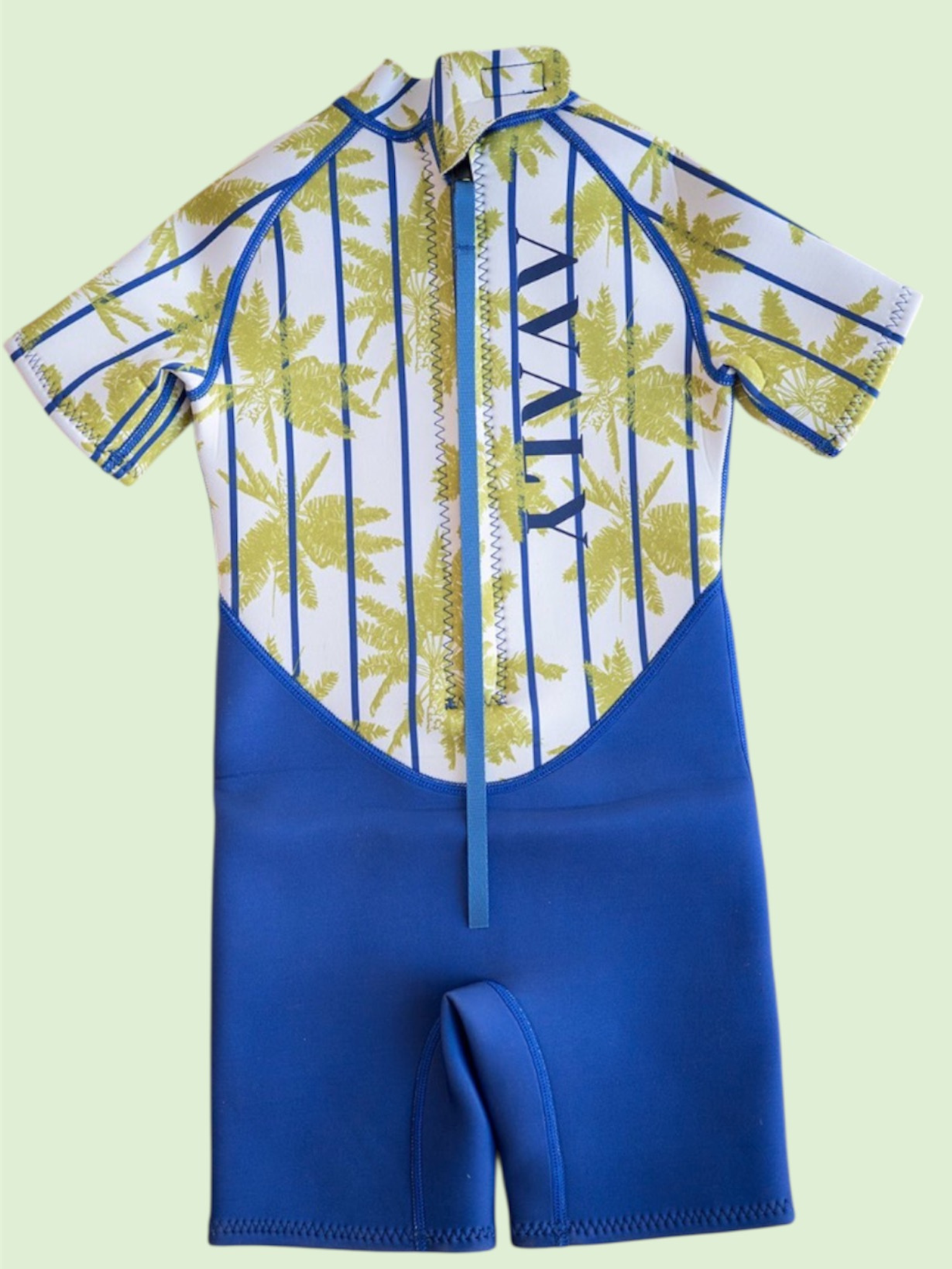 Flat lay of Blue Palm Kids Wetsuit showing white palm print top with blue striped pattern and solid blue neoprene bottom half