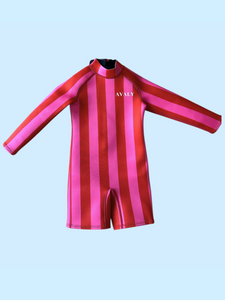 PRE ORDER HERE: SENT OUT FIRST WEEK OF OCTOBER Pink and Red Stripes | Sustainable Kids Wetsuit | AVALY
