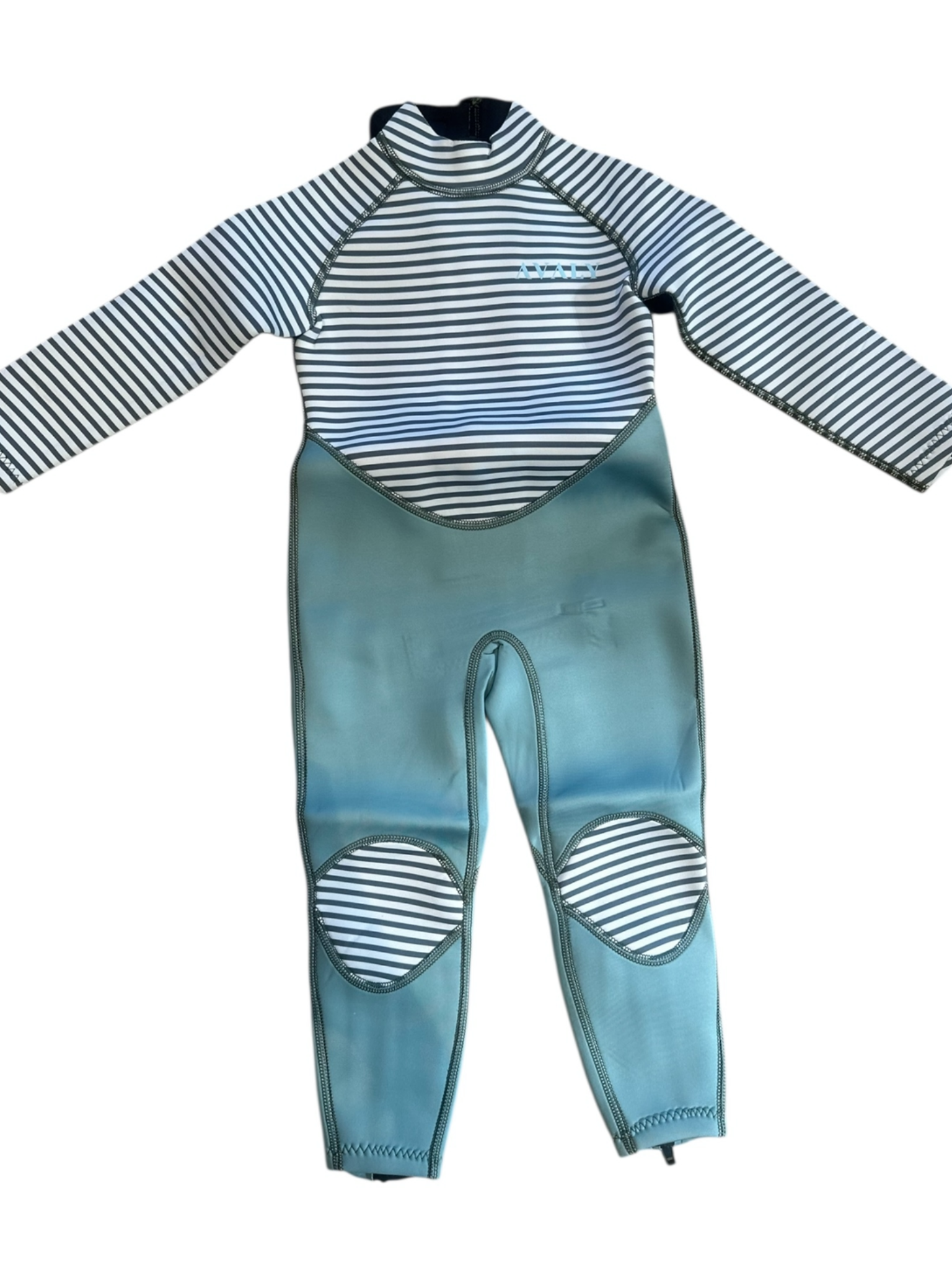 Flat lay of Sage and dark green striped wetsuit with teal lower body and matching striped knee patches