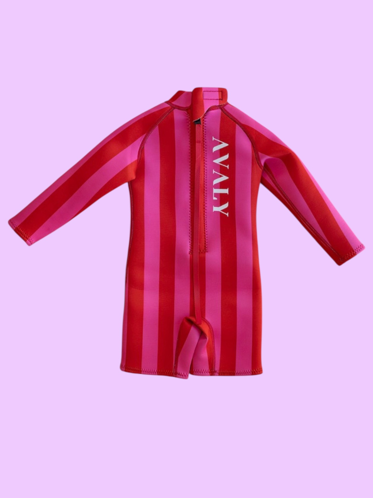 Pink & Red Stripe Kids Wetsuit flat lay showing vertical striped pattern and front zip closure