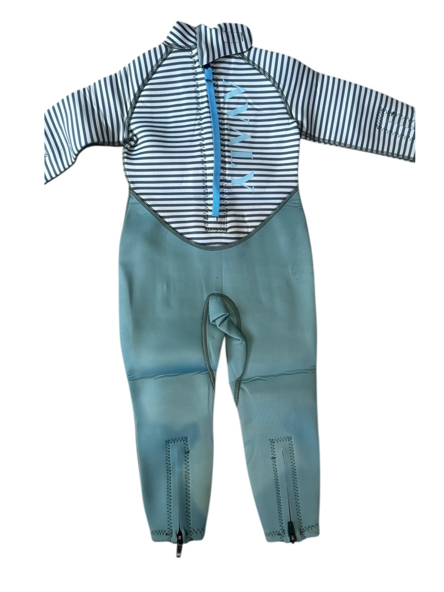 Flat lay of Sage and dark green striped wetsuit showing navy striped top with blue zipper and solid sage bottom