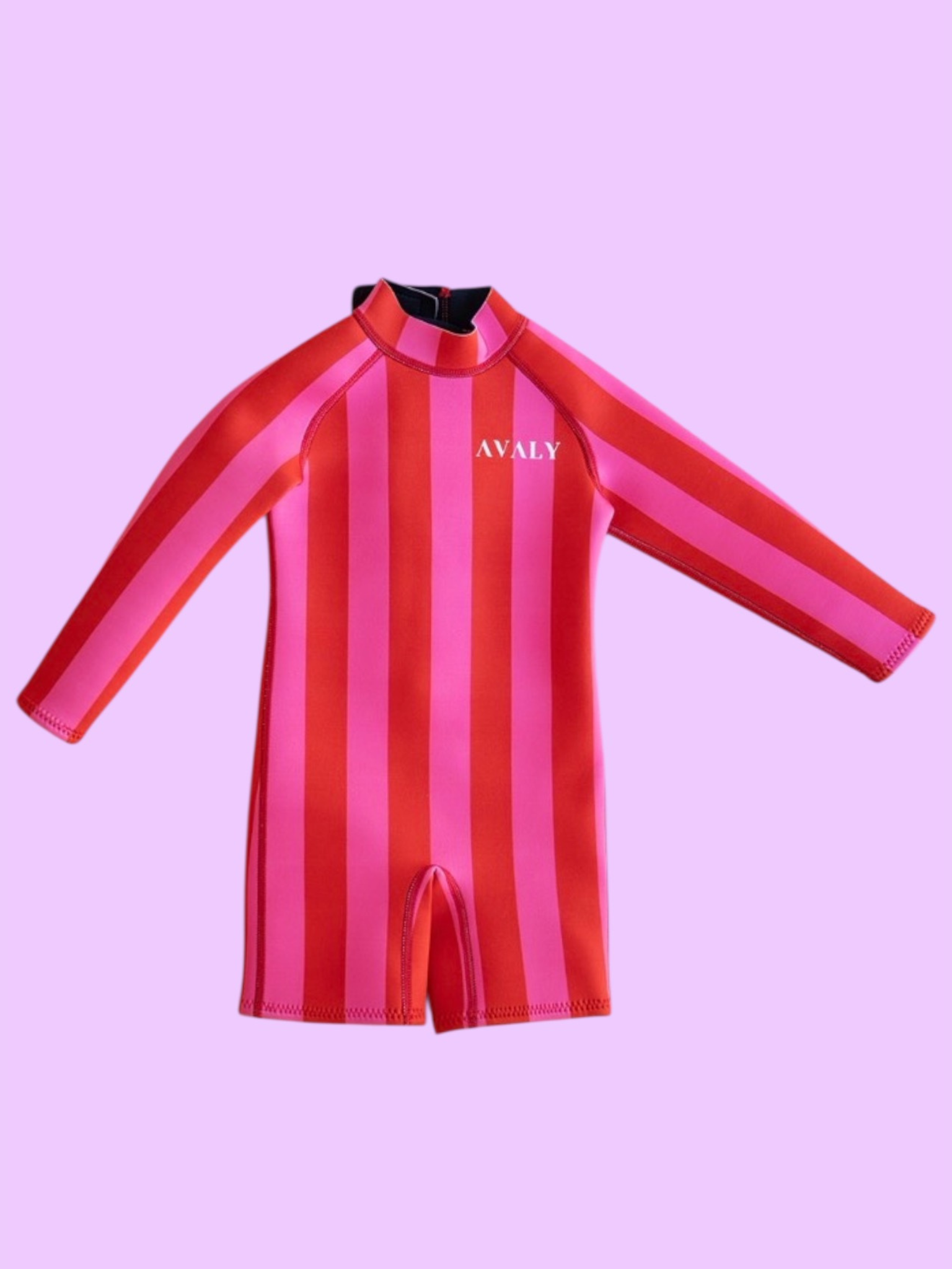 Flat lay of Pink & Red Stripe Kids Wetsuit showing vertical striped pattern and long sleeves