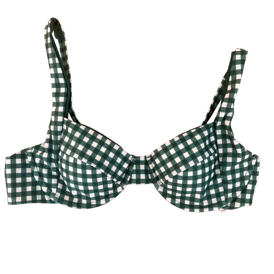 Flat lay of Green Gingham Balconette Top showing checkered pattern and underwire cups with adjustable straps