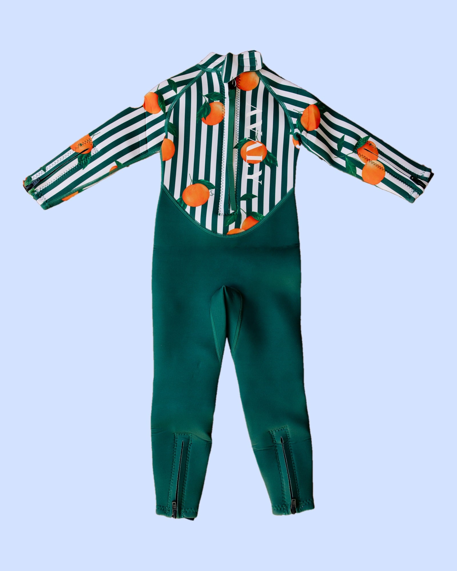 Flat lay of the AVALY Forest Green & Mandarins steamer, back with zip