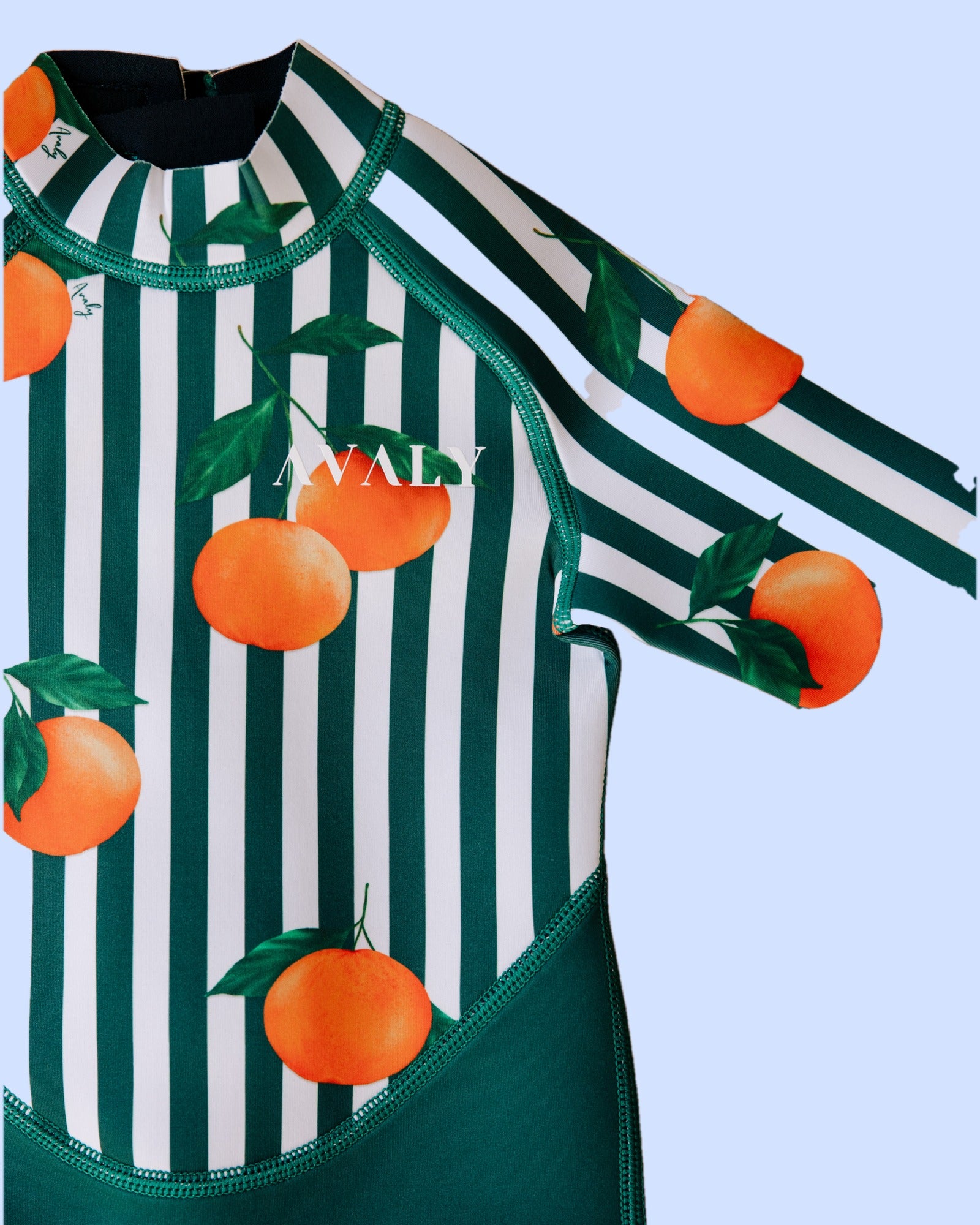 Close up of the AVALY Forest Green & Mandarins striped mandarin print