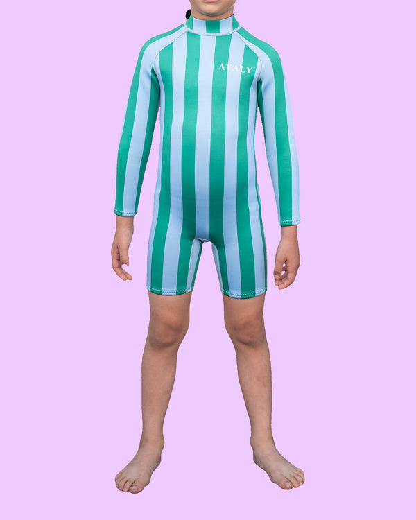 AVALY Green & Blue Stripe kids springsuit, front view