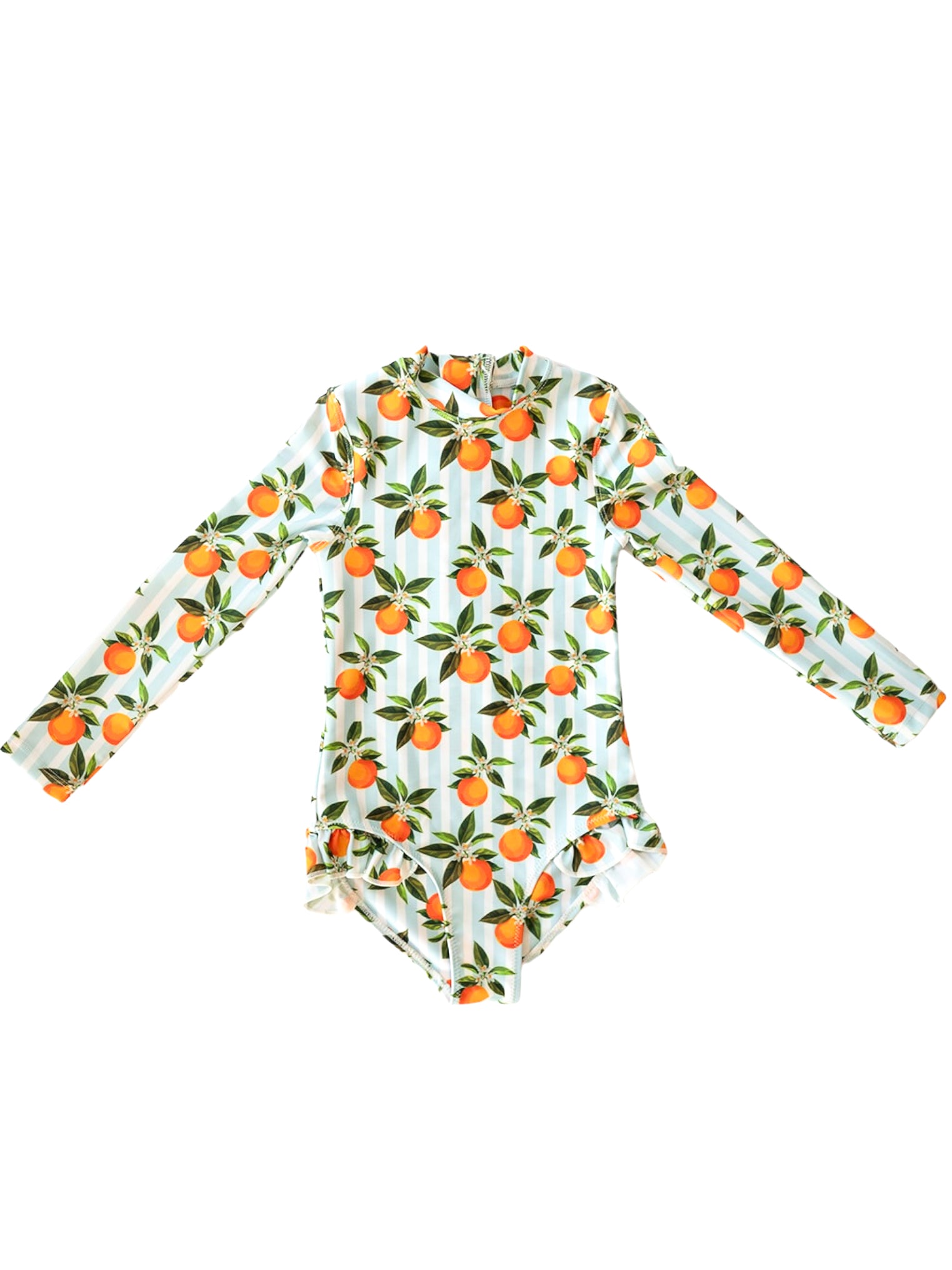 Flat lay of Blue Striped Mandarin Whitehaven long sleeve one piece with orange citrus print on mint striped background