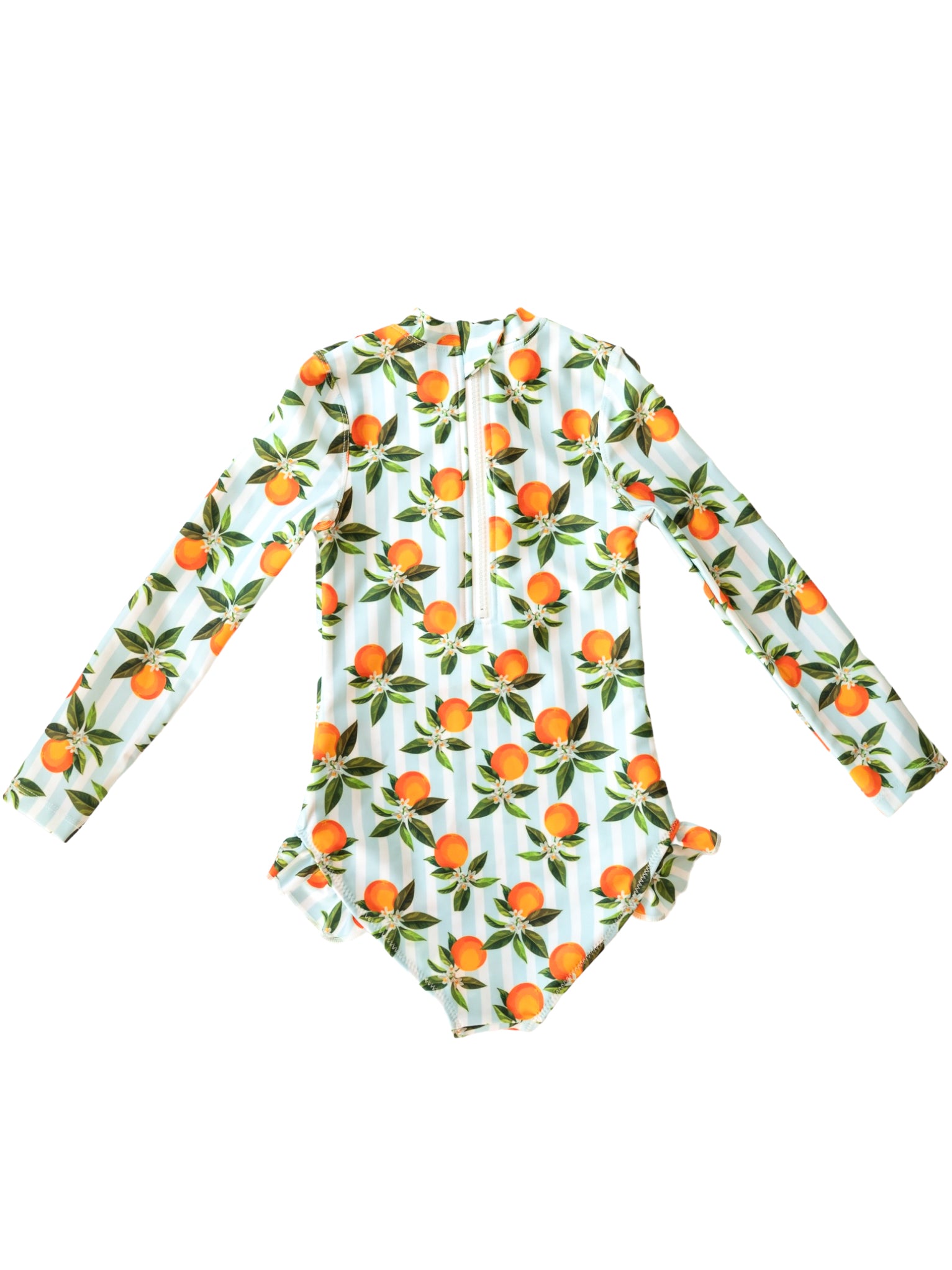 Flat lay of Blue Striped Mandarin Whitehaven long sleeve one piece with orange citrus print on mint green striped background