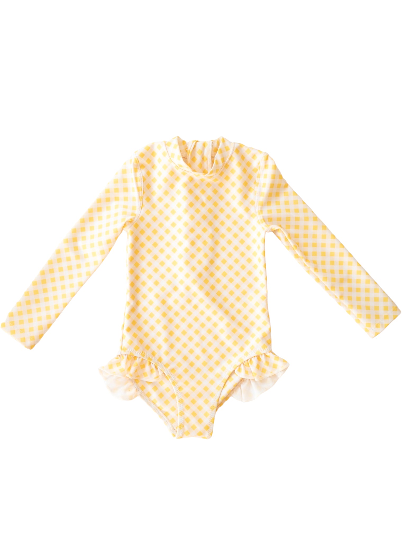 Flat lay of Yellow Gingham Noosa Long Sleeve One Piece showing checkered pattern and ruffle collar detail