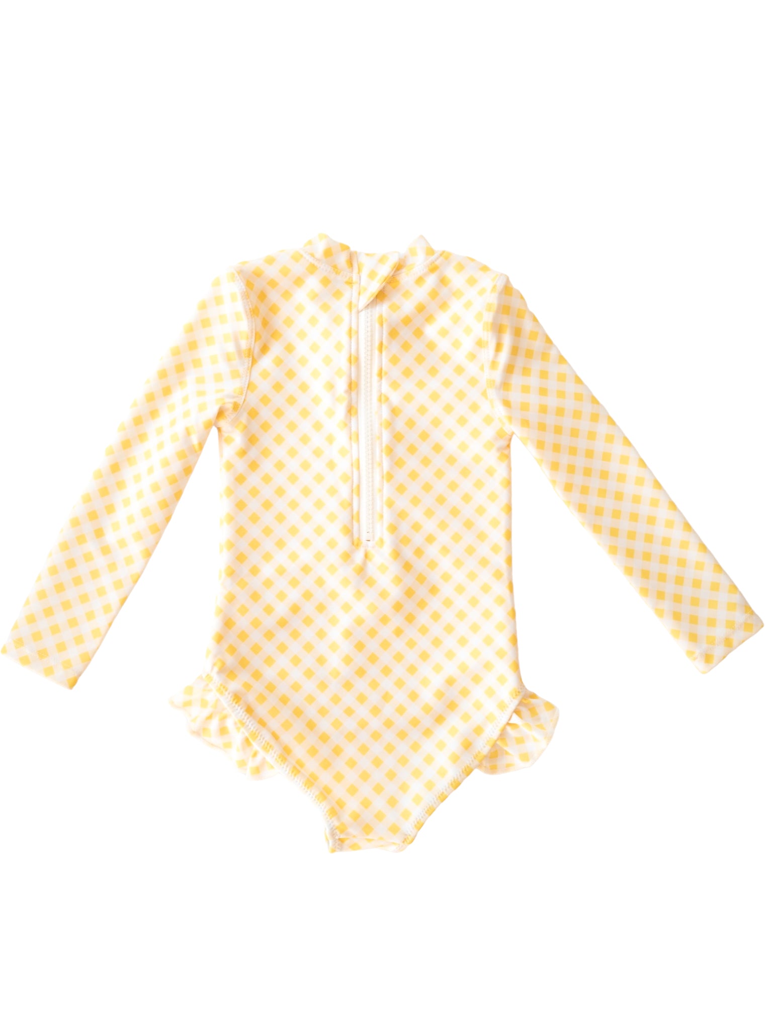 Flat lay of Yellow Gingham Noosa Long Sleeve One Piece showing checkered pattern and front zip detail
