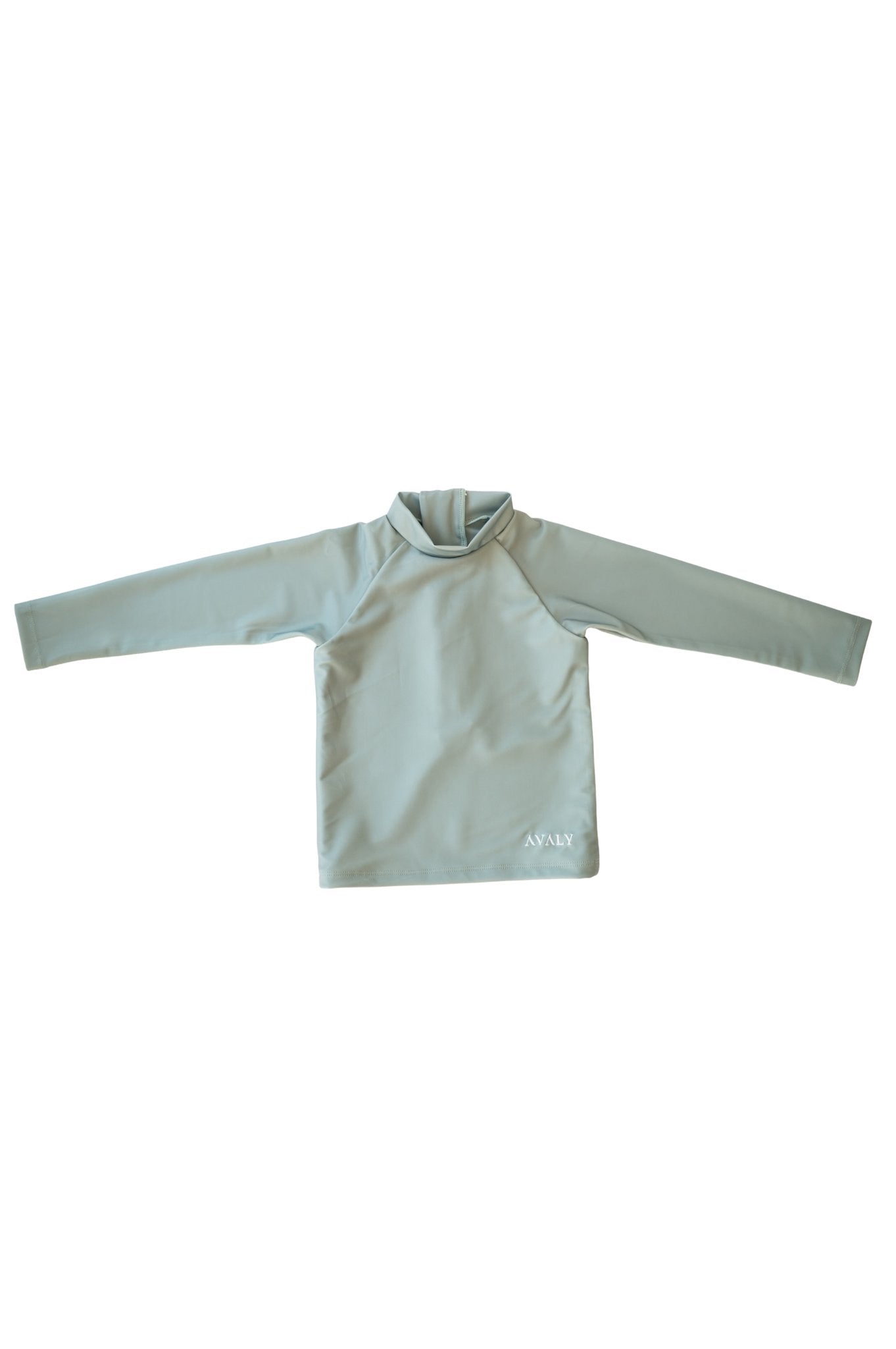 Flat lay of Sage Manly Sustainable Rash Top in muted green showing long sleeves and high neckline with Avaly branding