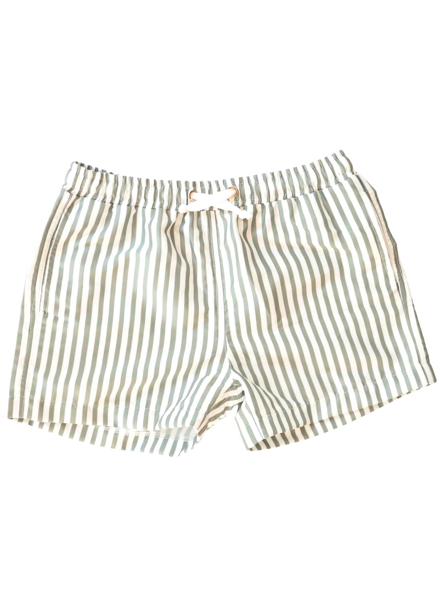 Flat lay of Sage striped Kids Board Shorts showing vertical green and white stripes with white drawstring waistband