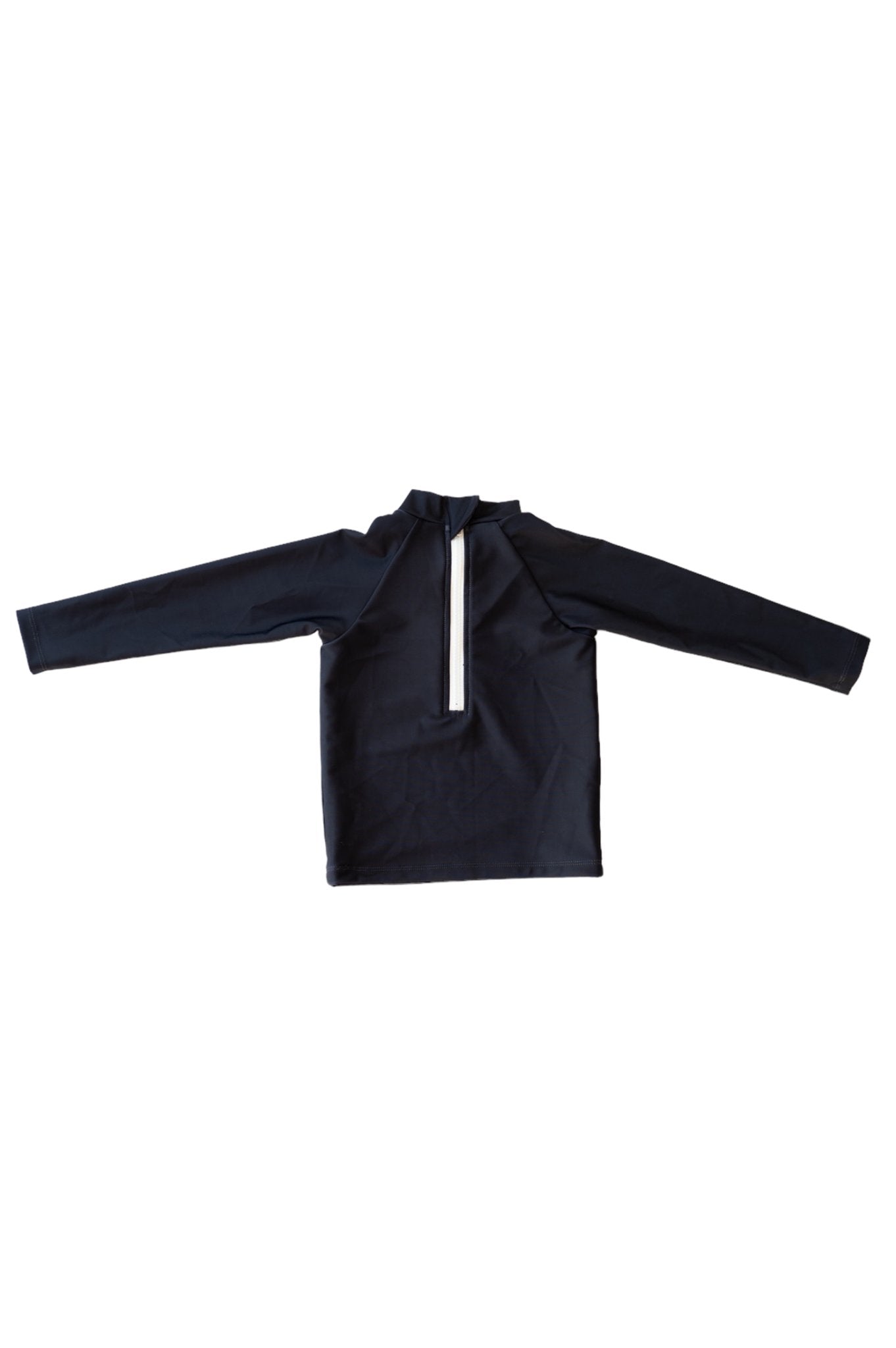 Back view flat lay of Navy Rash Top Byron showing white zipper detail and long sleeves