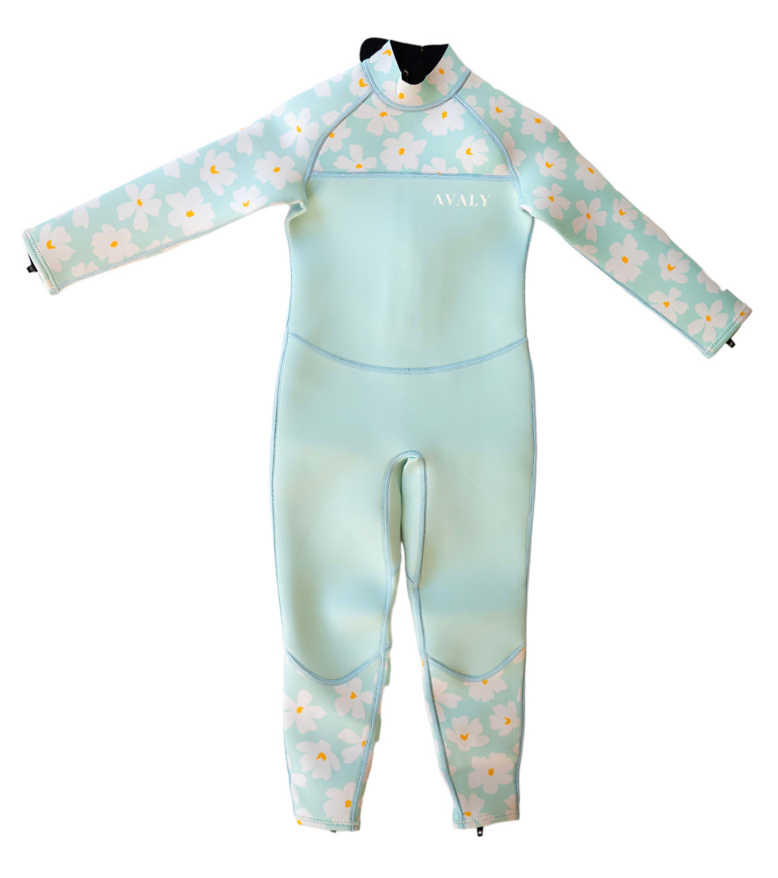 Flat lay of Mint Daisy wetsuit showing light green body with white daisy pattern on arms and lower legs