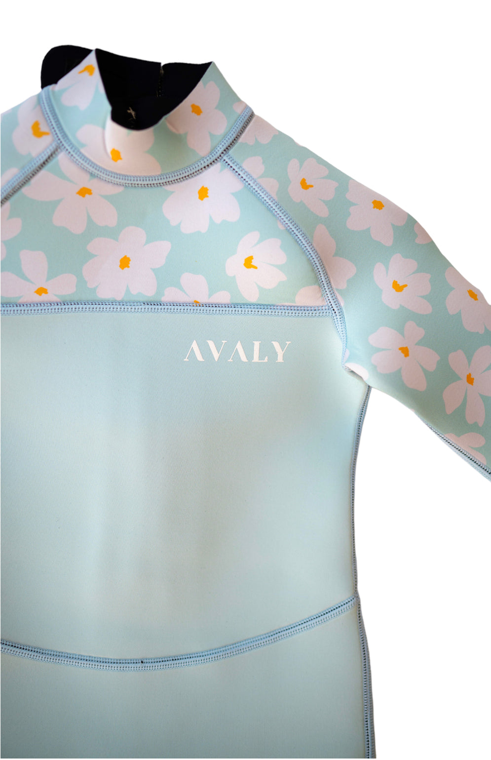 Close up detail of Mint Daisy Kids Sustainable Wetsuit showing floral pattern sleeves and Avaly logo on mint chest panel
