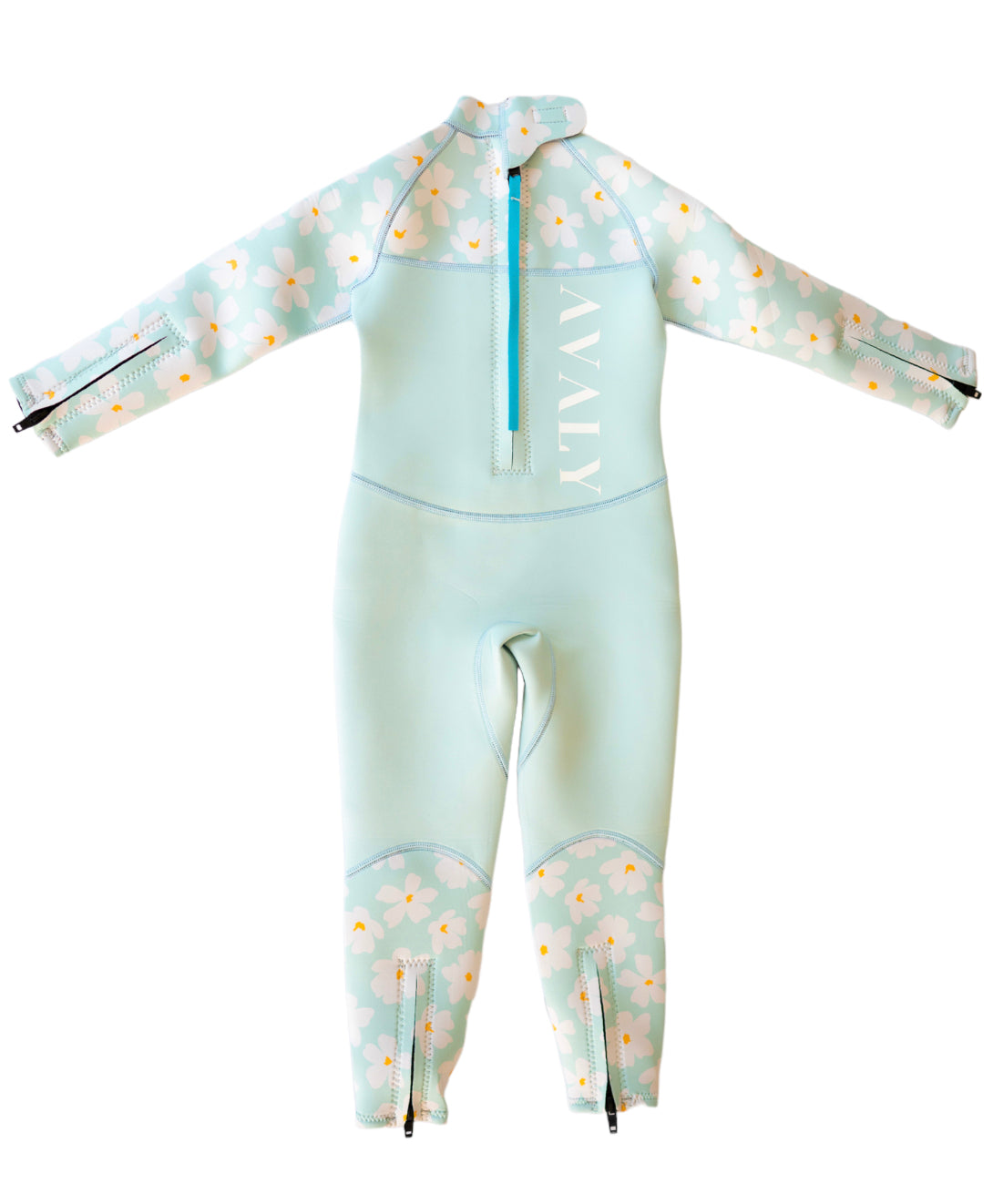 Flat lay of Mint Daisy Kids Sustainable Wetsuit in soft green with white daisy print and blue chest zipper