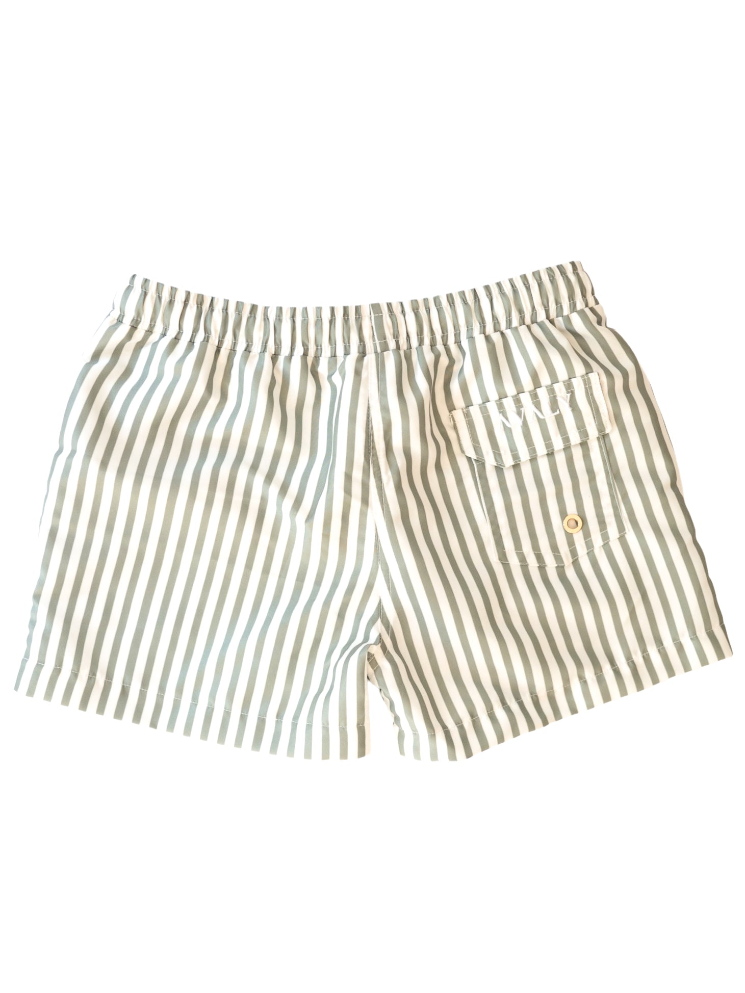 Back view flat lay of Sage striped Kids Board Shorts showing vertical green and white stripes with back pocket