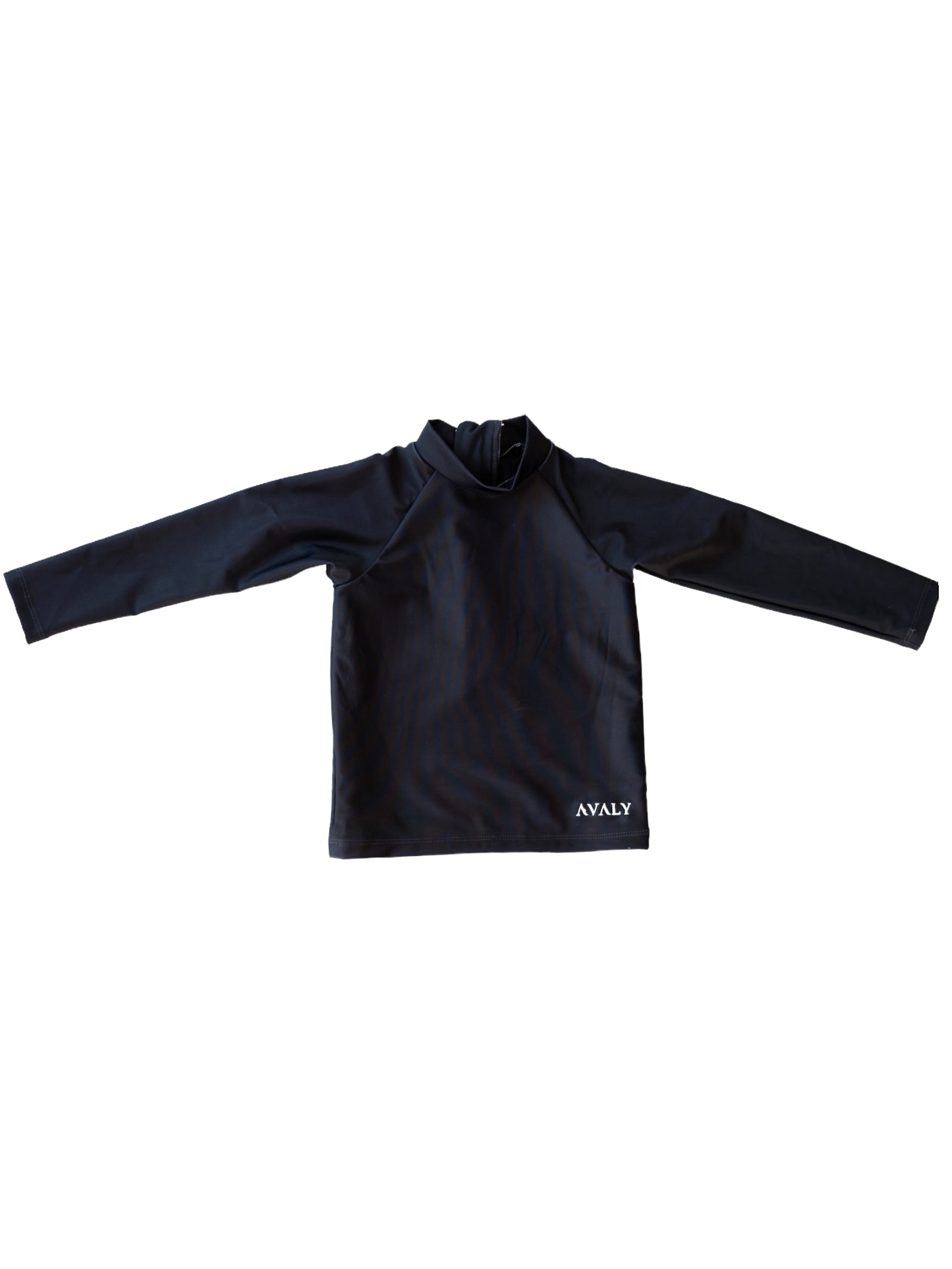 Flat lay of Navy Rash Top Byron showing long sleeves and high neckline with Avaly logo