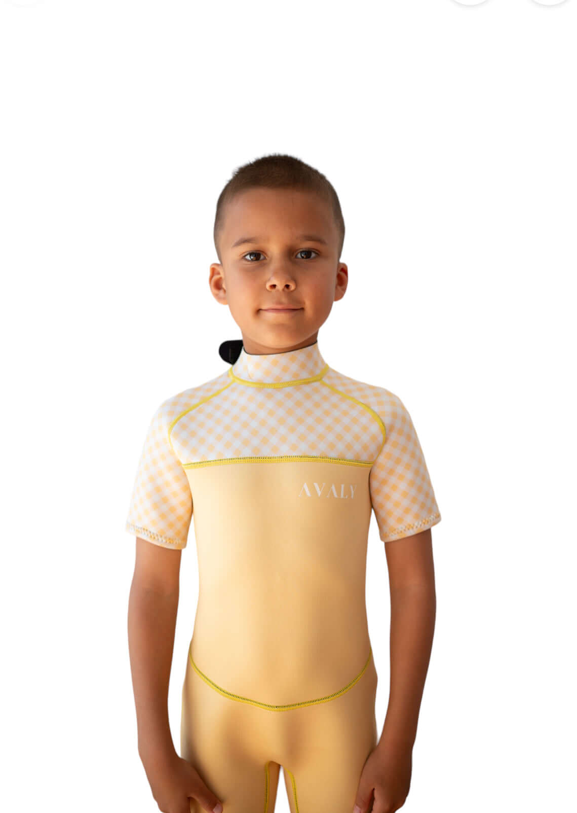 Yellow Gingham | Avoca | Kids Short Sleeve Sustainable Wetsuit