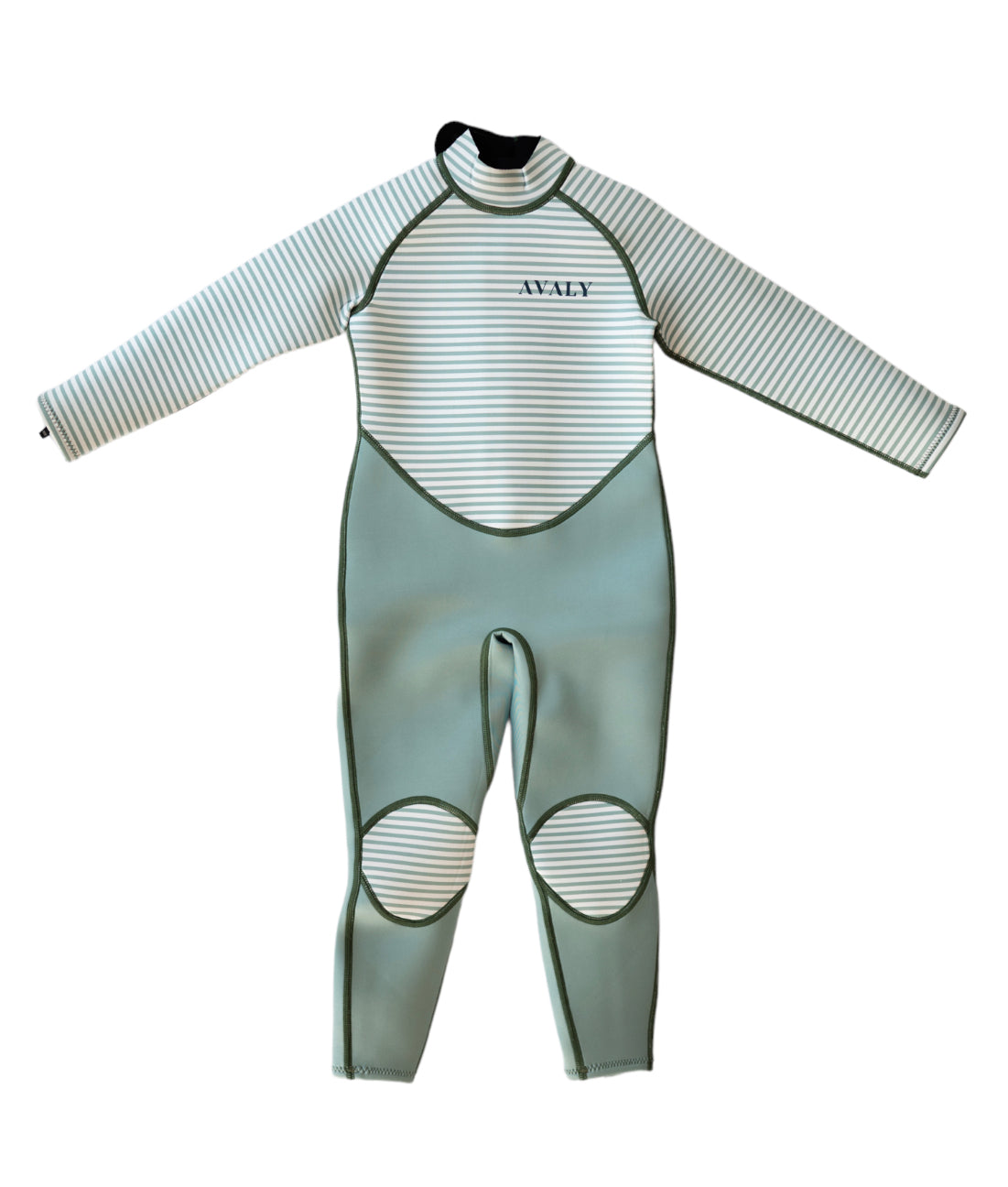 Flat lay of Green Striped Kids Sustainable Wetsuit featuring mint green neoprene with white striped panels and knee patches