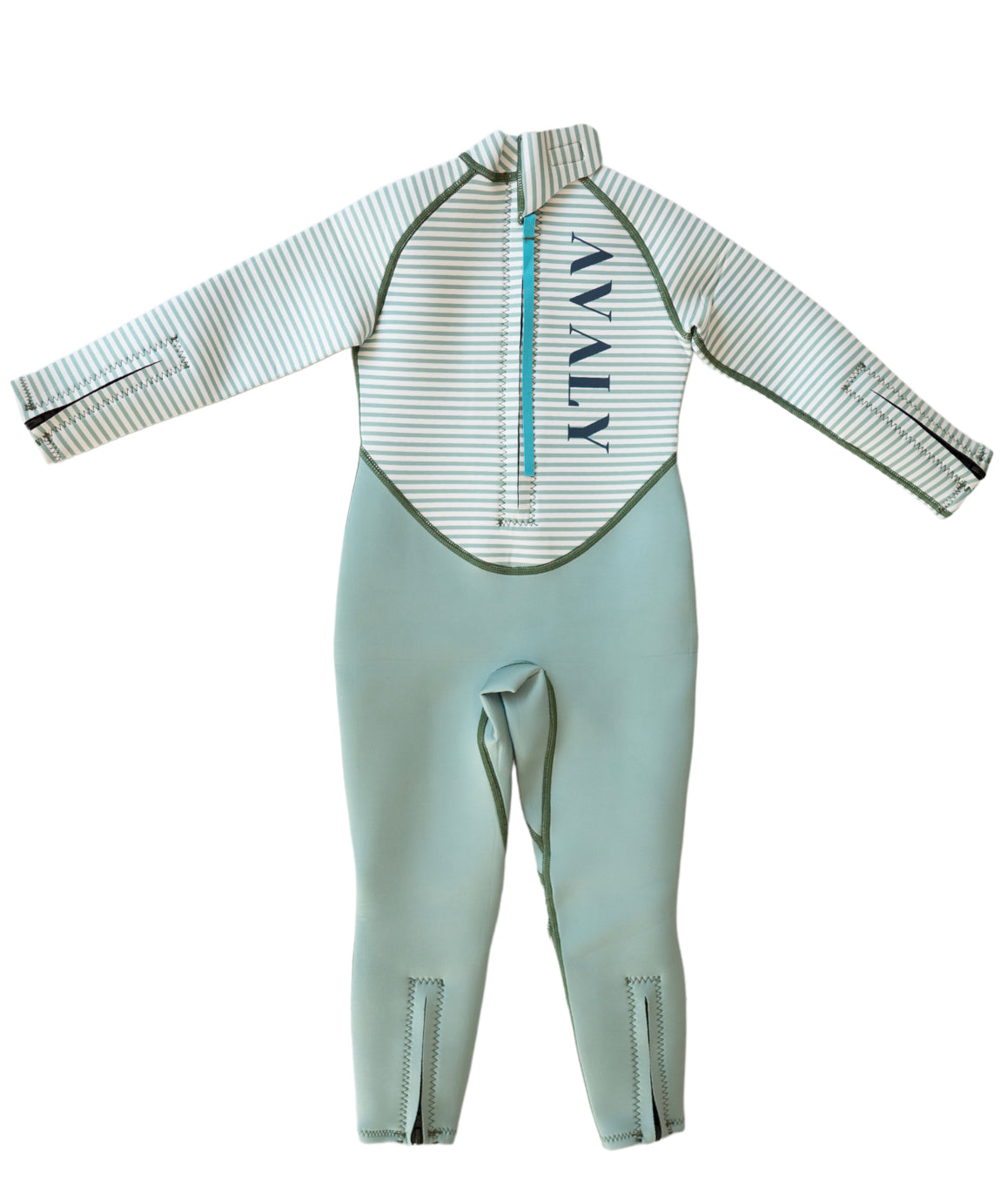 Flat lay of Green Striped Kids Sustainable Wetsuit showing mint green base with striped torso and AVALY logo
