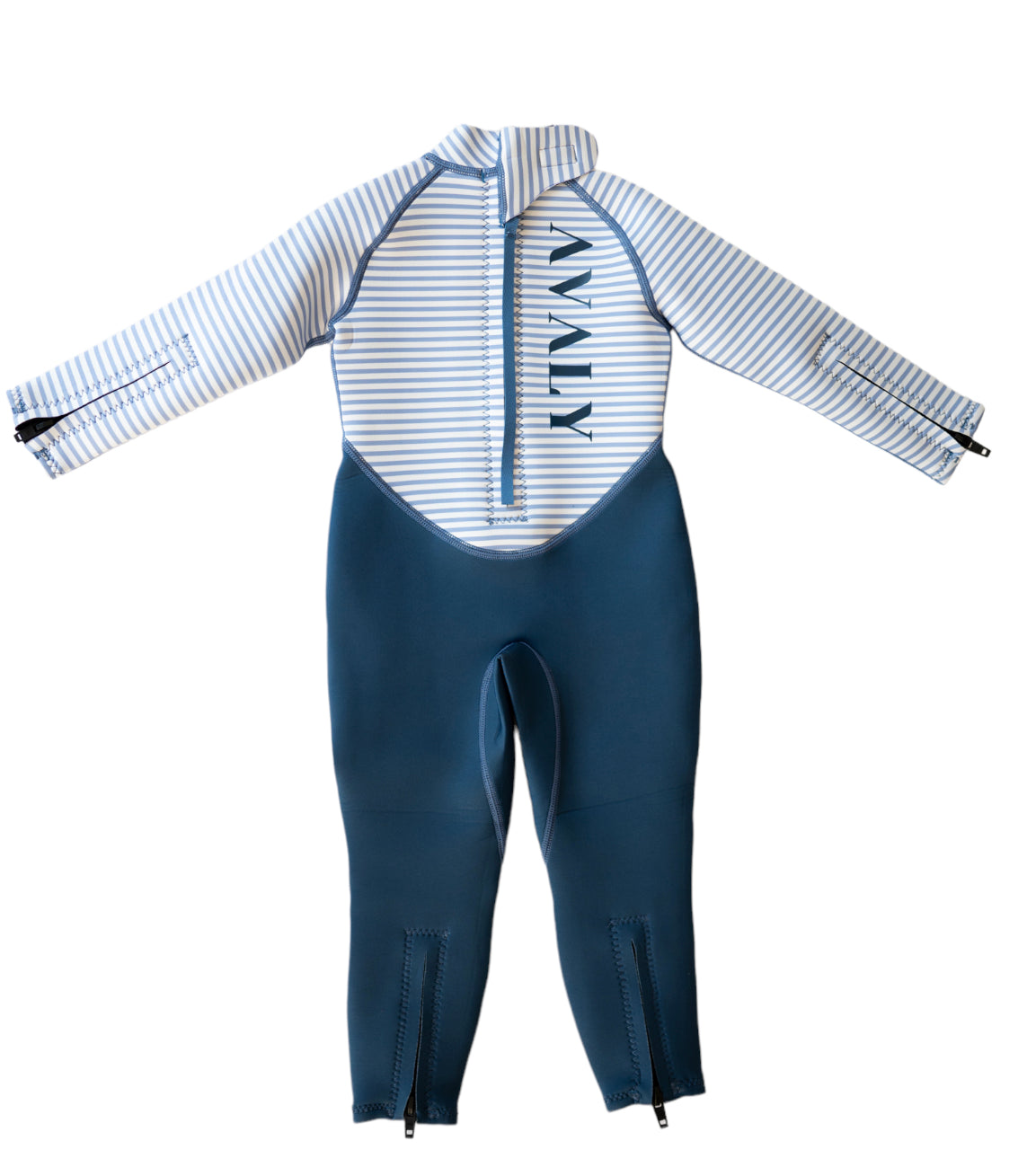 Flat lay of Navy & White Striped Kids Sustainable Wetsuit showing blue striped torso with navy neoprene legs