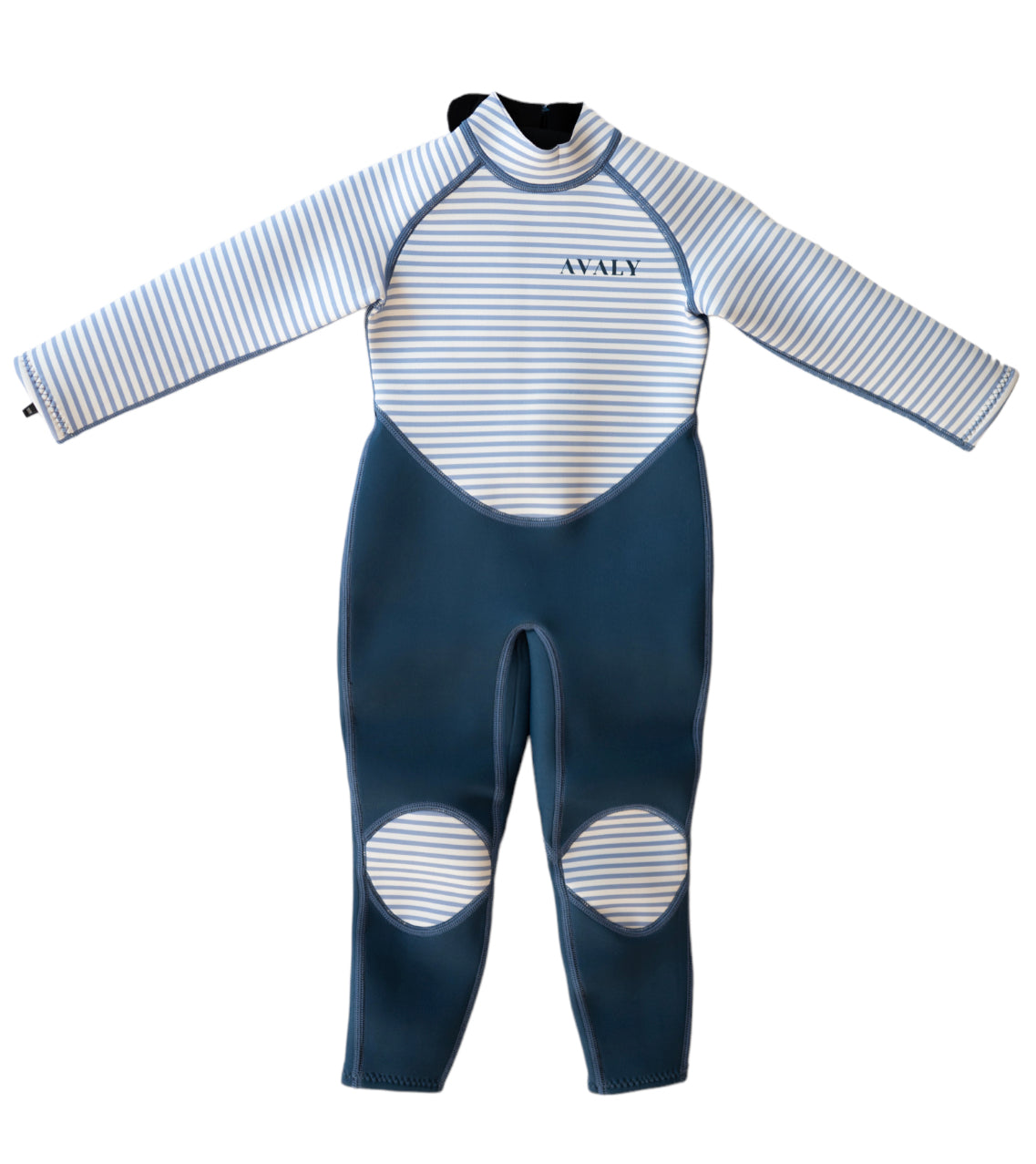 Flat lay of Navy & White Striped Kids Sustainable Wetsuit showing blue base with striped panels and knee patches