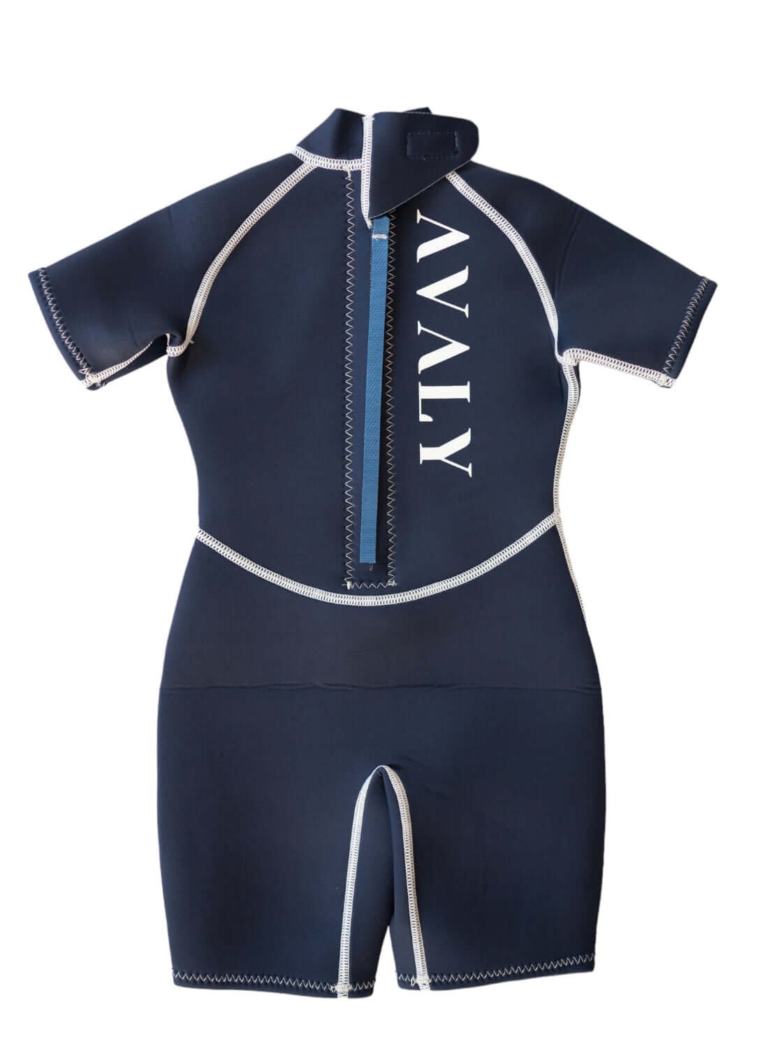 Front view flat lay of Solid Navy Kids Wetsuit showing blue zipper and white Avaly logo on chest